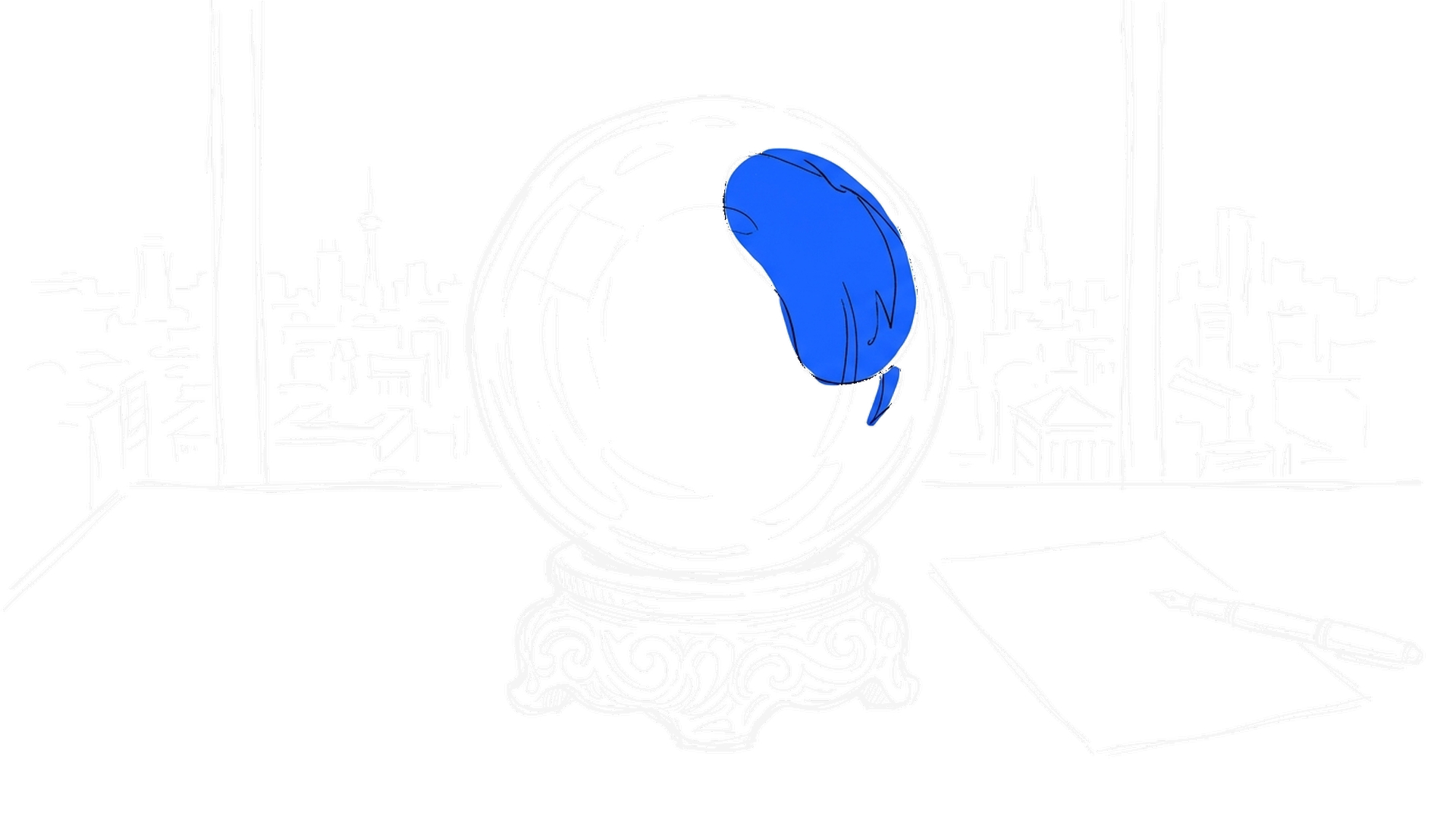 Illustration einer Kristallkugel auf einem Schreibtisch vor einer Stadt-Skyline, Sketch-Stil mit elektroblauen Akzenten, kinewsletter.ch Stil