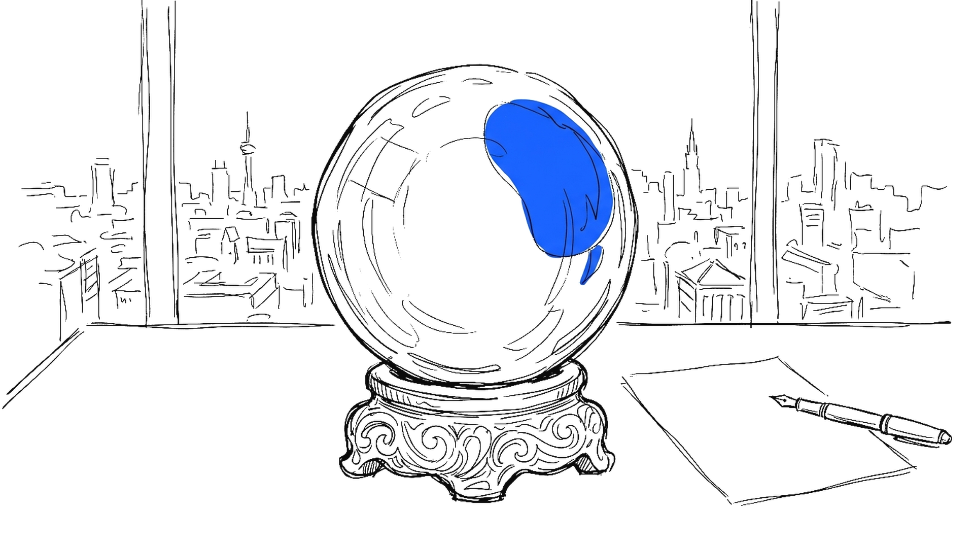 Illustration einer Kristallkugel auf einem Schreibtisch vor einer Stadt-Skyline, Sketch-Stil mit elektroblauen Akzenten, kinewsletter.ch Stil