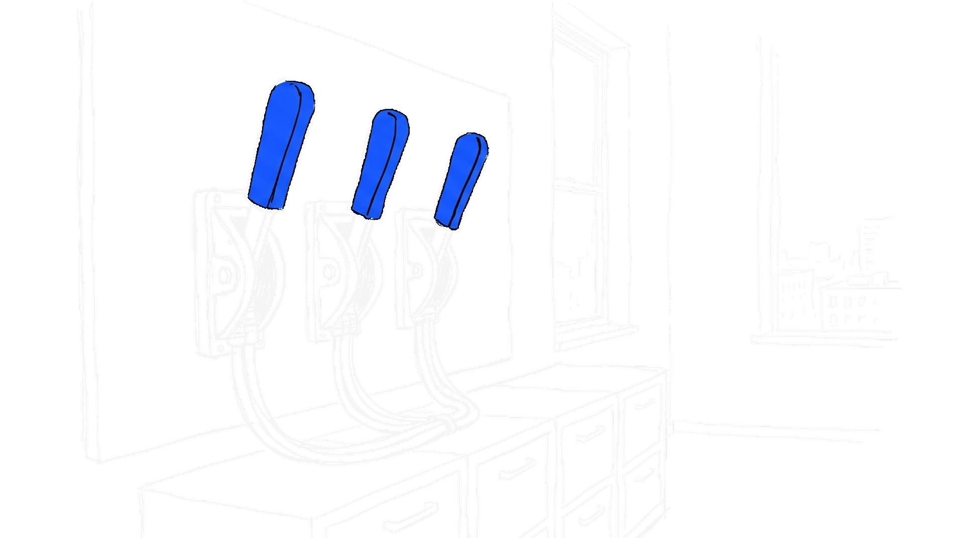 Illustration einer Schaltwand mit drei Hebeln neben Aktenschränken, kinewsletter.ch Stil