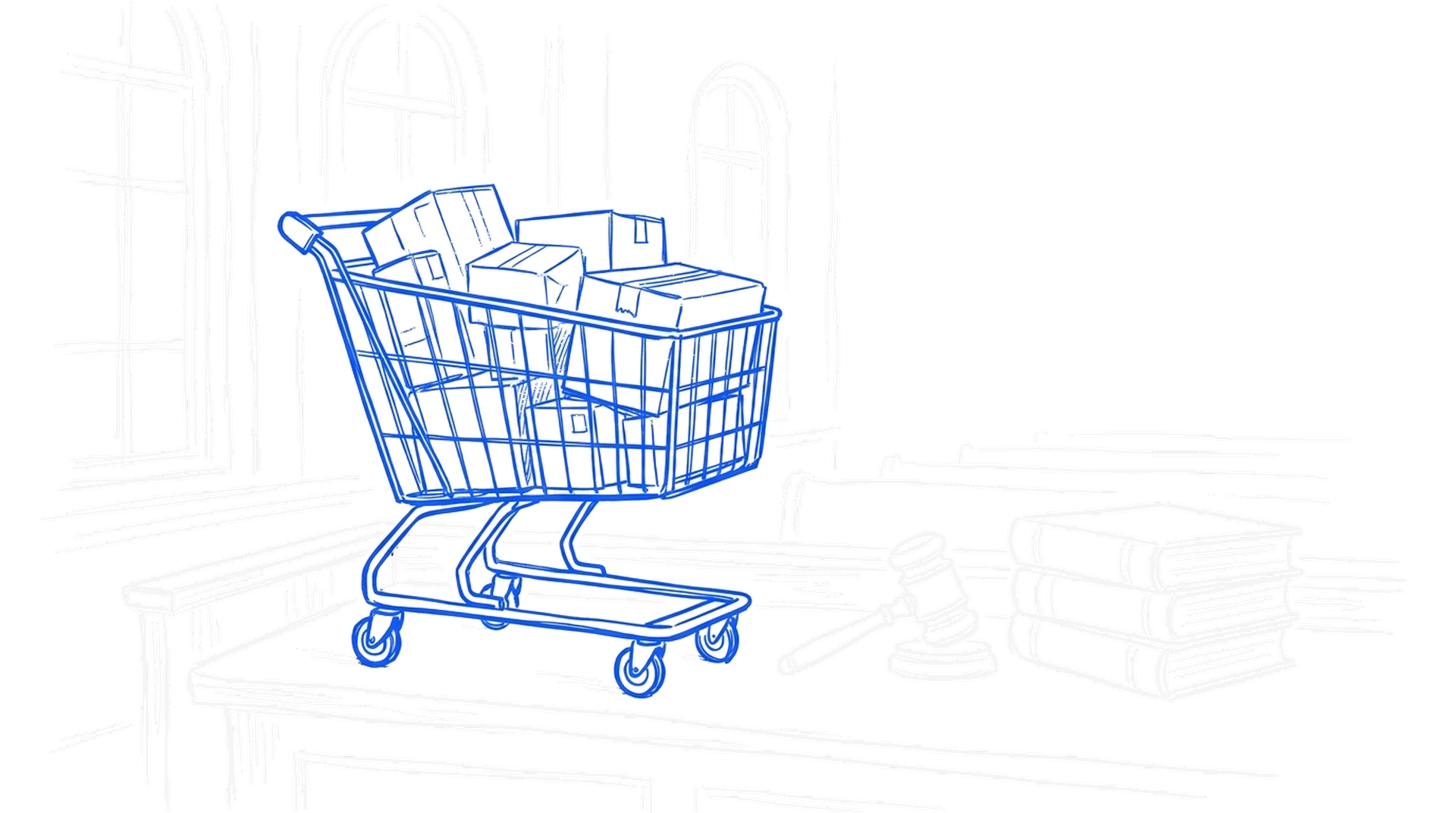 Illustration eines elektroblauen Einkaufswagens voller Pakete auf einem Gerichtstisch neben Richterhammer und Gesetzesbüchern, kinewsletter.ch Stil