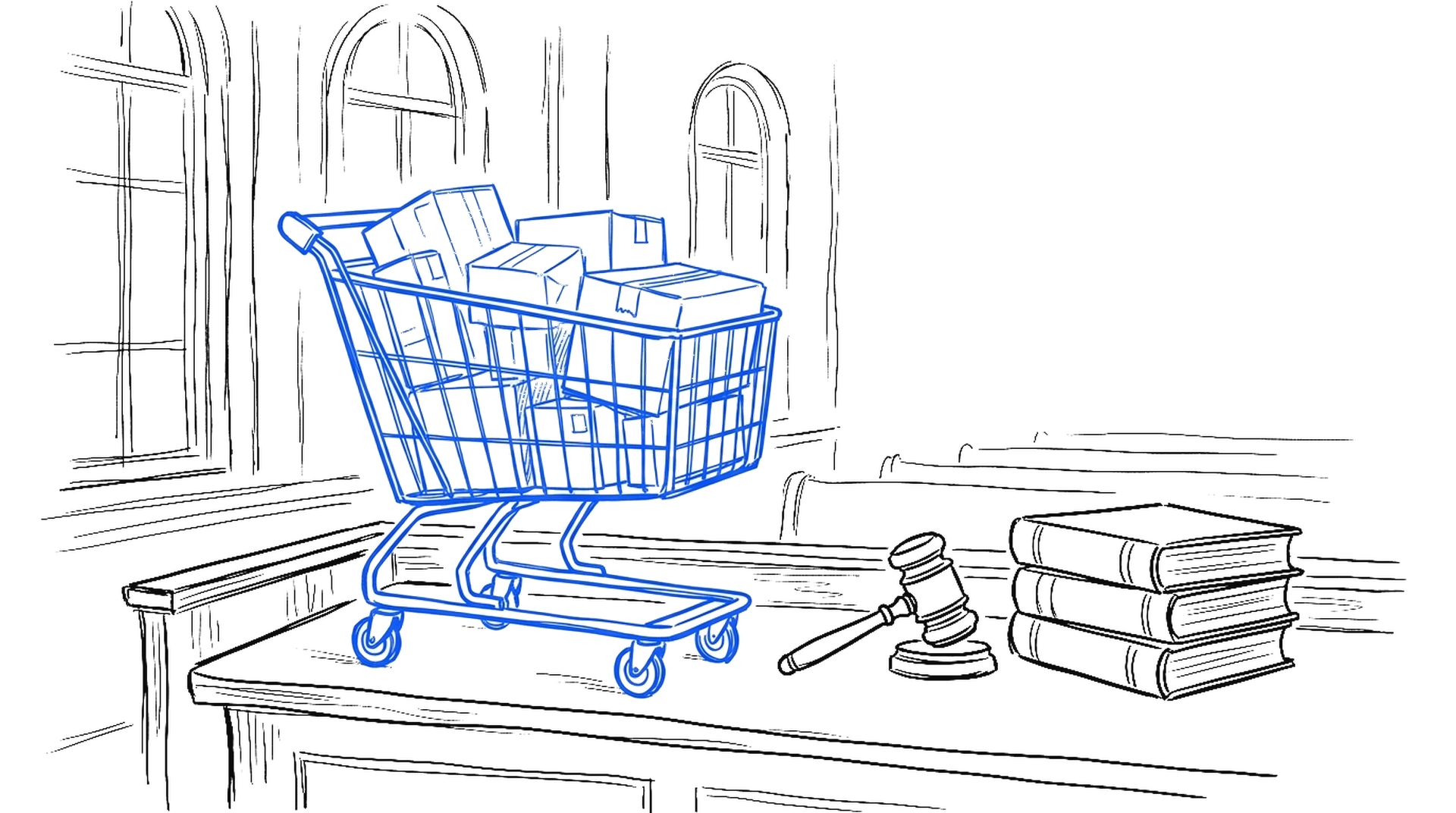 Illustration eines elektroblauen Einkaufswagens voller Pakete auf einem Gerichtstisch neben Richterhammer und Gesetzesbüchern, kinewsletter.ch Stil