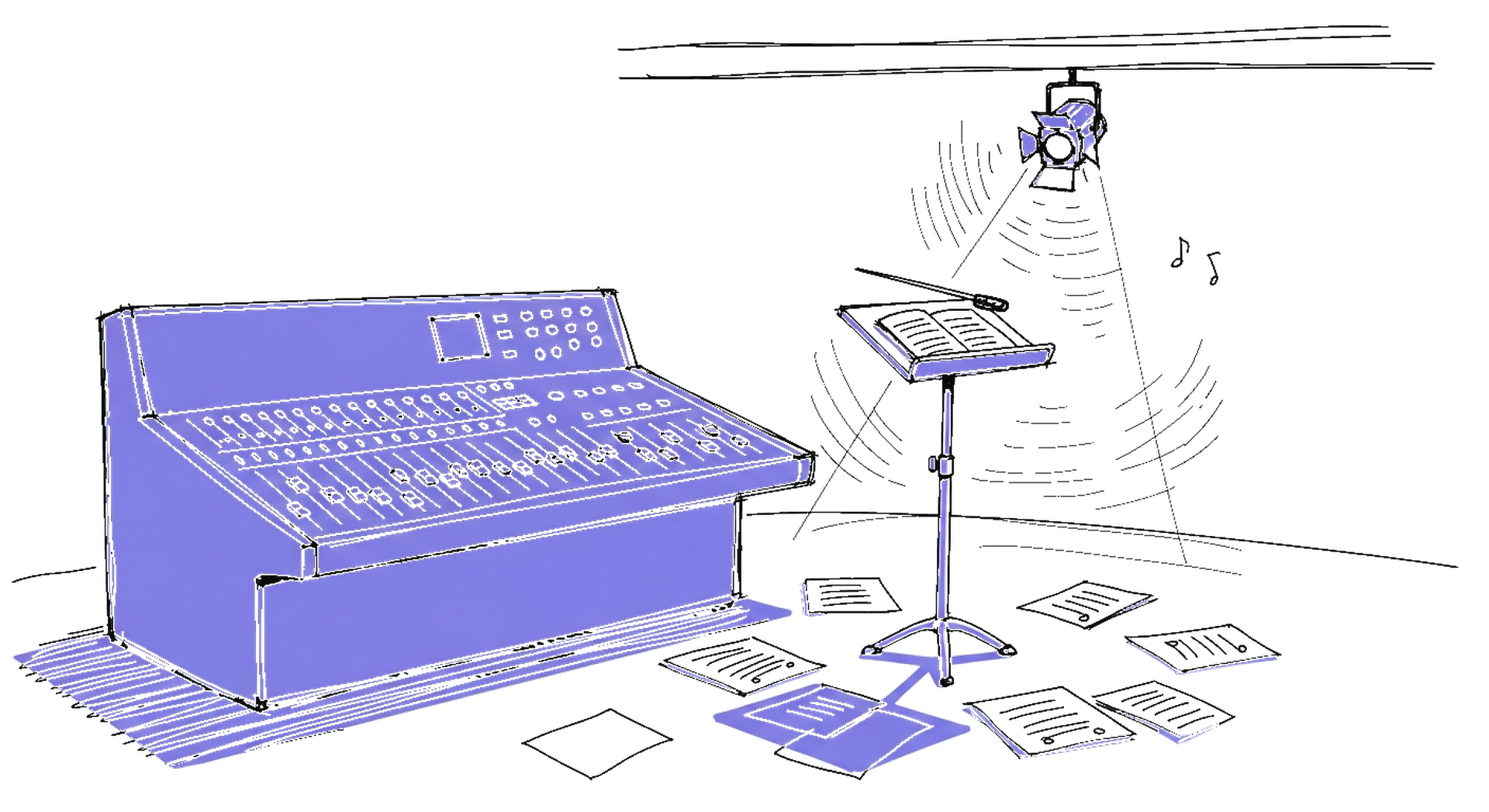 Illustration eines Mischpults mit Dirigentenpult und verstreuten Notenblättern – symbolisiert Perplexitys Multi-Agent-Orchestrierung