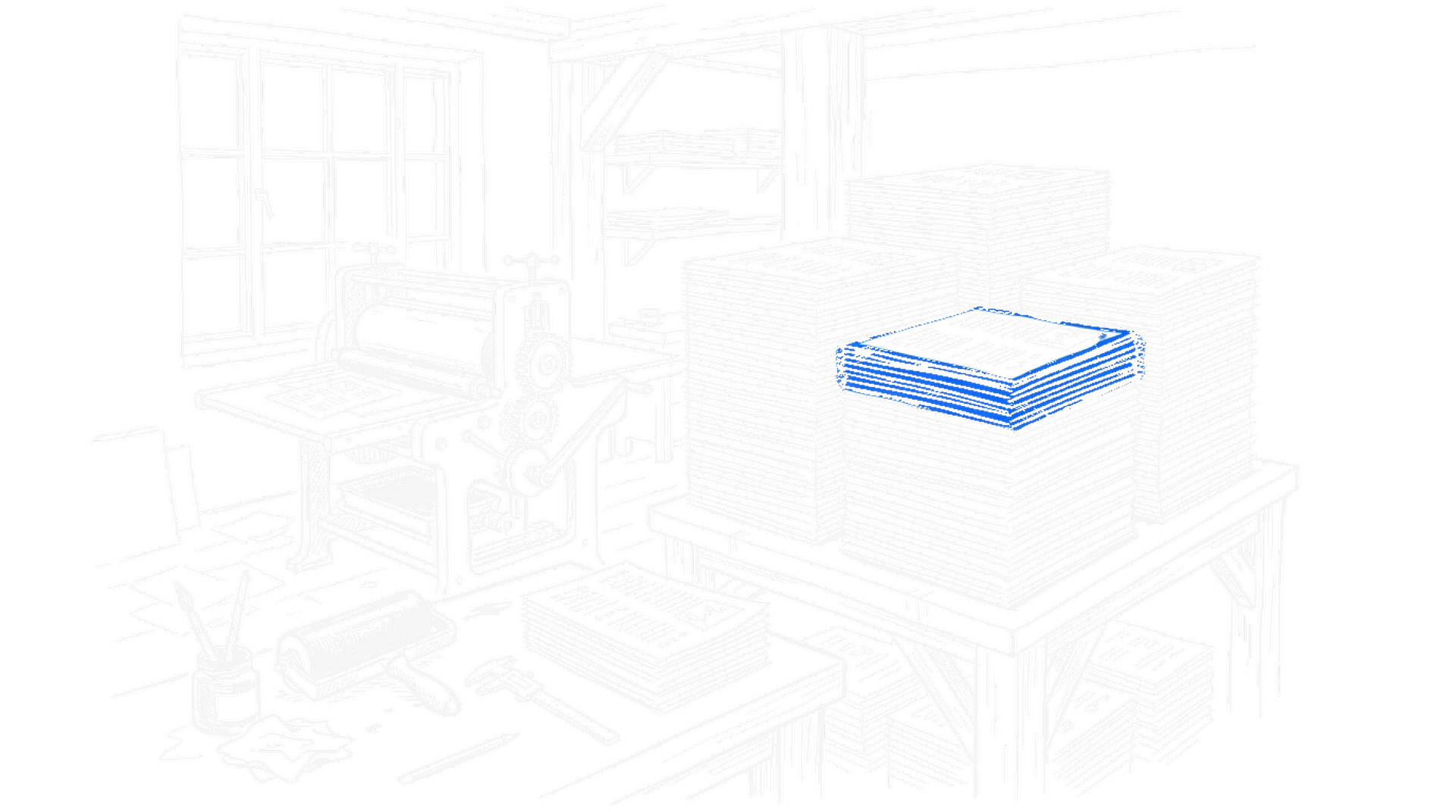 Handgezeichnete Skizze einer Druckerei mit Stapeln identischer Bogen, einer davon blau hervorgehoben, kinewsletter.ch Stil