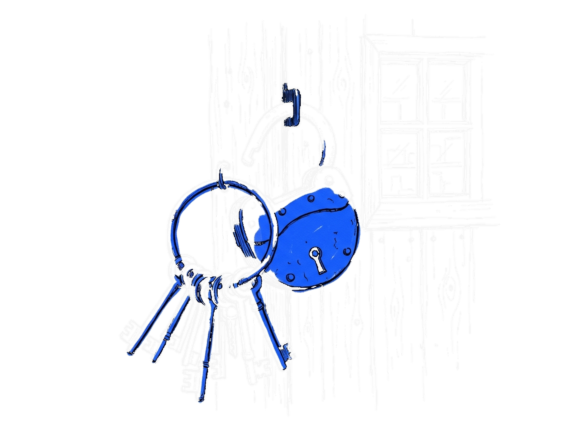 Handgezeichnete Skizze einer Ladentür mit riesigem offenem Vorhängeschloss und grossem Schlüsselbund; Schloss und Schlüssel leuchten in Blau