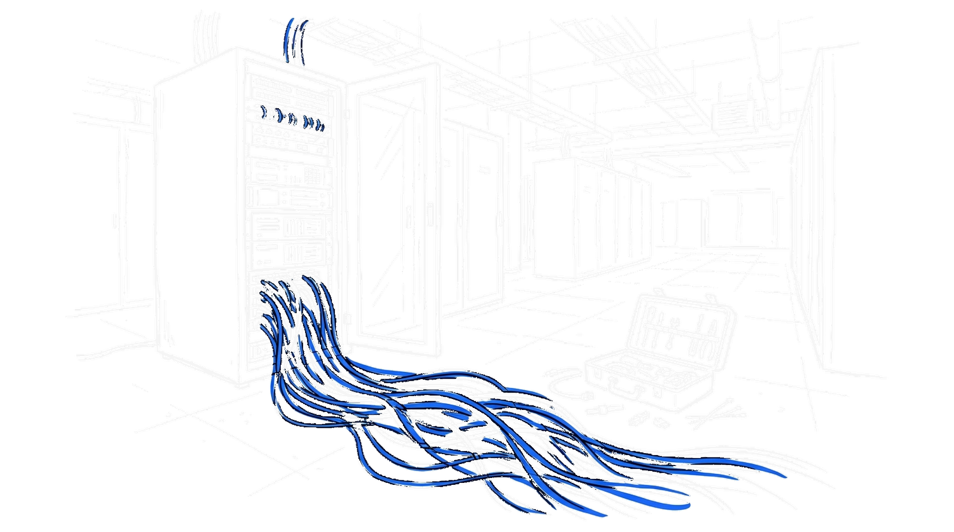 Illustration eines offenen Serverschranks mit auffächerndem Glasfaserbündel, kinewsletter.ch Stil
