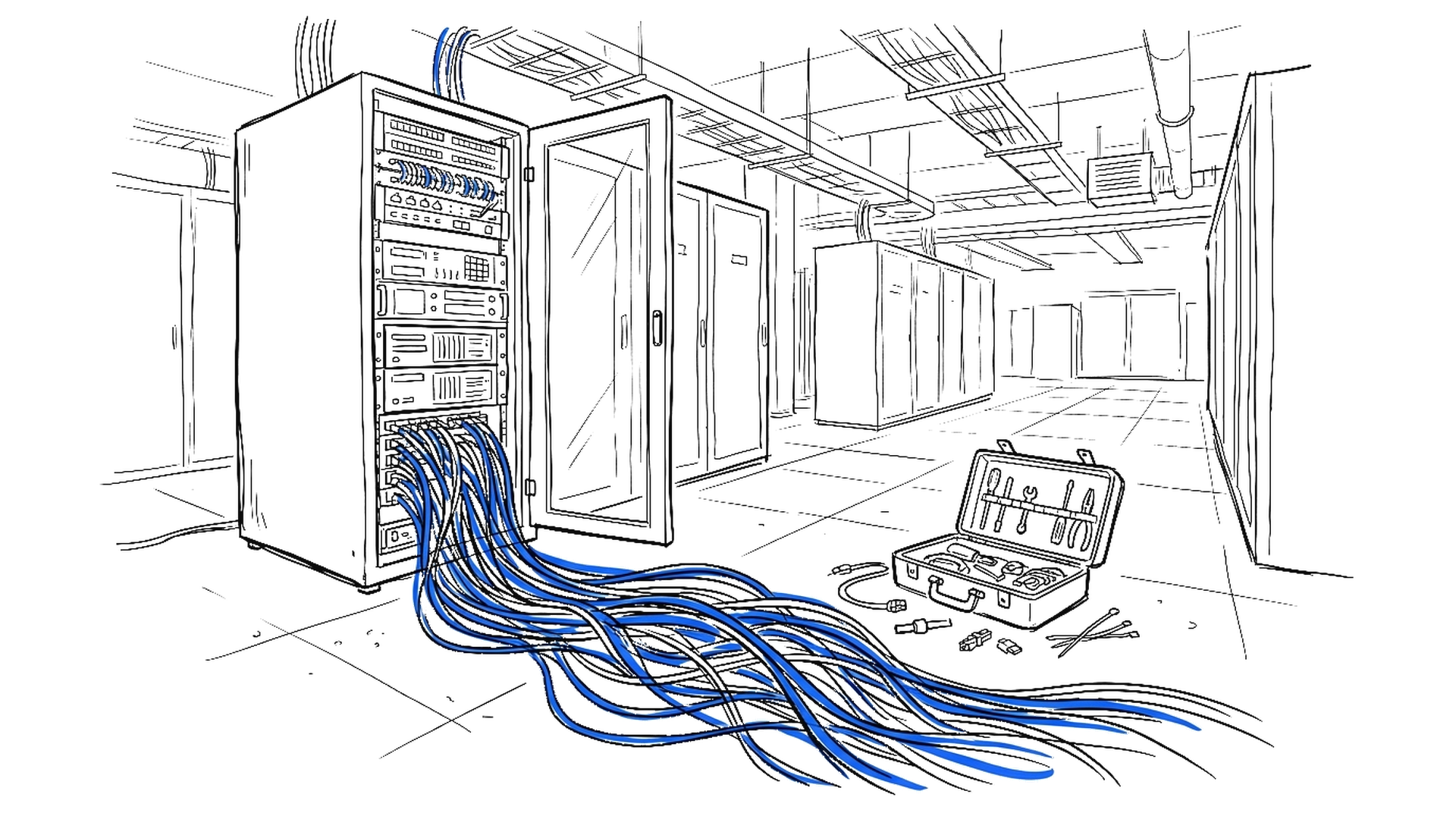 Illustration eines offenen Serverschranks mit auffächerndem Glasfaserbündel, kinewsletter.ch Stil