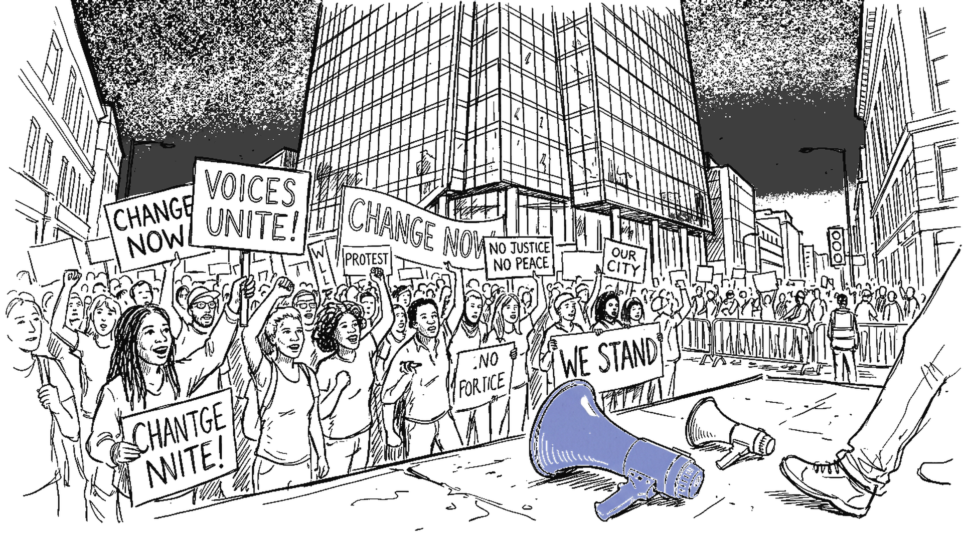 Illustration einer Protestszene mit Megaphon und Demonstranten vor einem Firmengebäude, kinewsletter.ch Stil