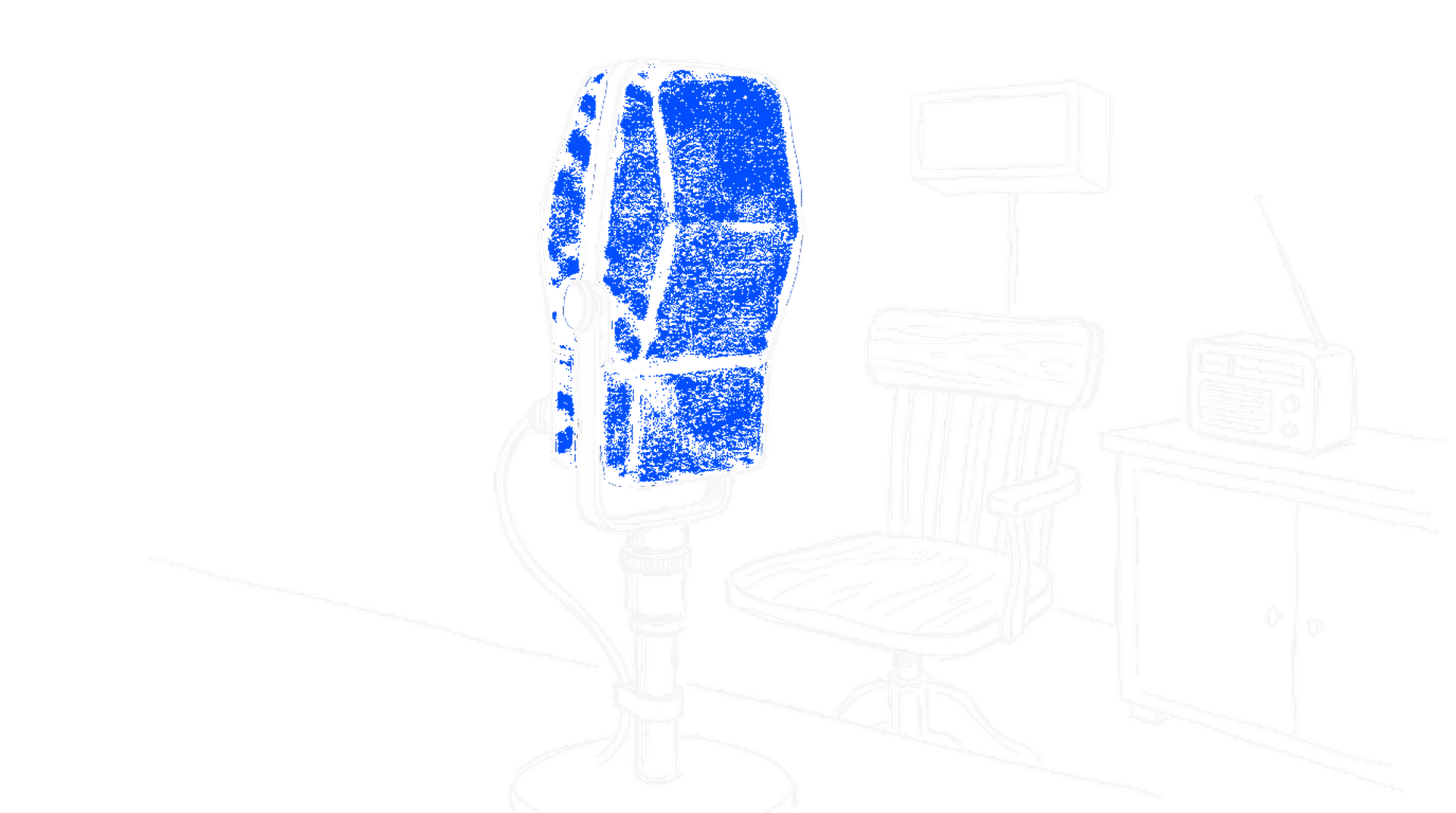 Illustration eines Retro-Radiomikrofons vor leerem Studiostuhl und Radiogerät, kinewsletter.ch Stil