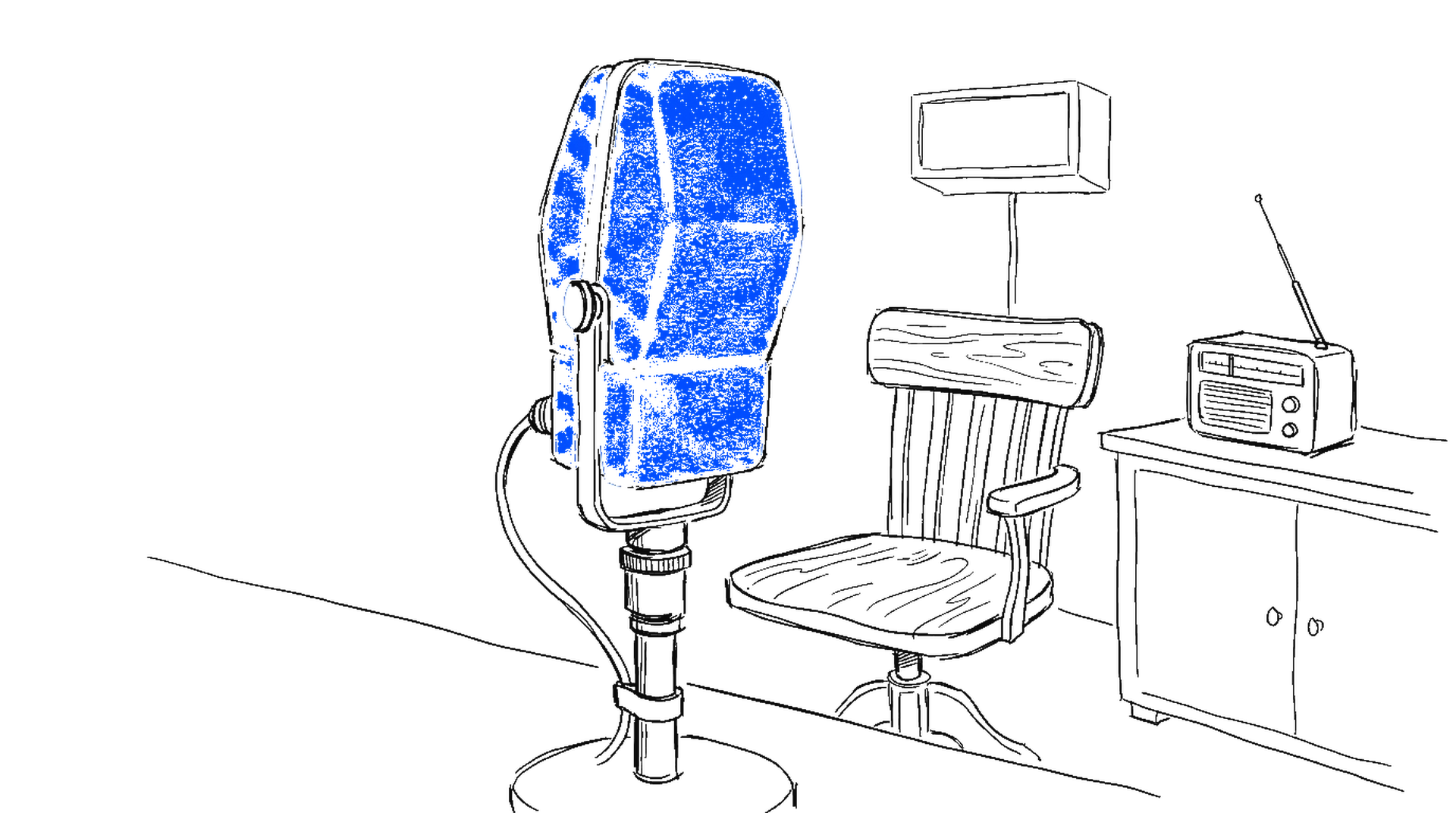 Illustration eines Retro-Radiomikrofons vor leerem Studiostuhl und Radiogerät, kinewsletter.ch Stil