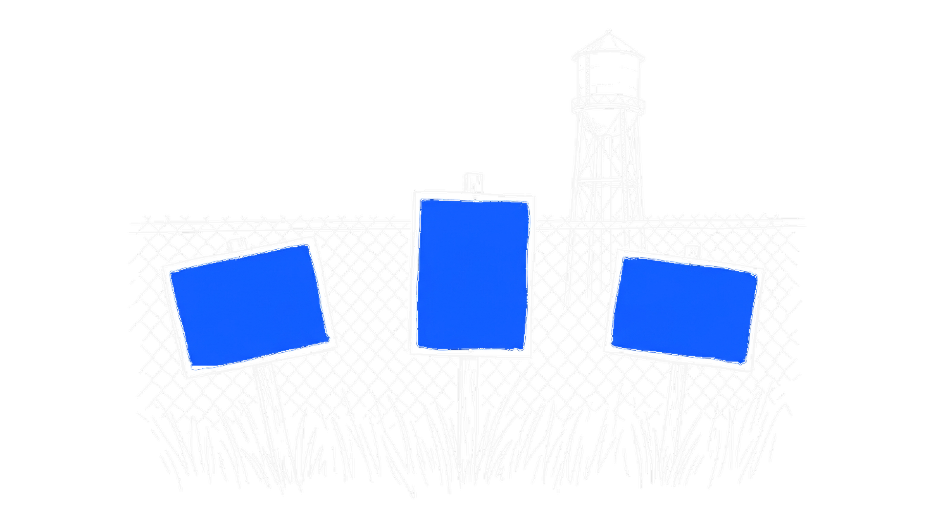 Handgezeichnete Skizze von drei blauen Protestschildern auf Holzpfosten vor einem Maschendrahtzaun mit Wasserturm dahinter, kinewsletter.ch Stil