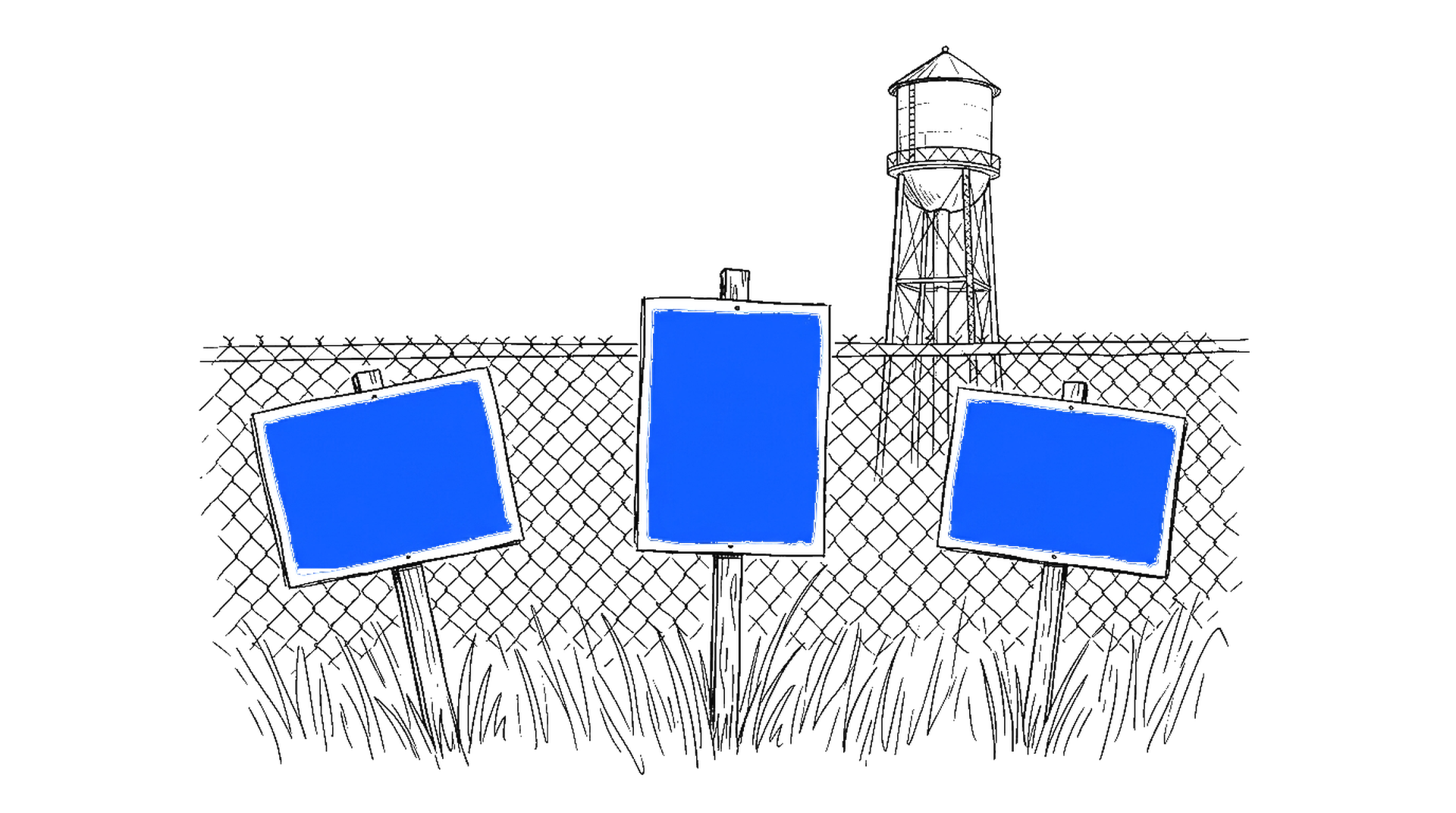 Handgezeichnete Skizze von drei blauen Protestschildern auf Holzpfosten vor einem Maschendrahtzaun mit Wasserturm dahinter, kinewsletter.ch Stil