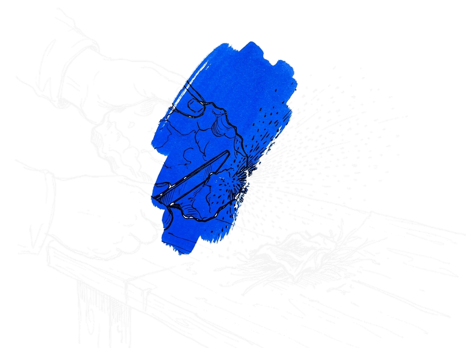Handgezeichnete Skizze eines Feuersteins, an dem ein Stahl Funken auf Zunder schlägt, auf einer Werkbank; Funken und Feuerstein leuchten in Blau