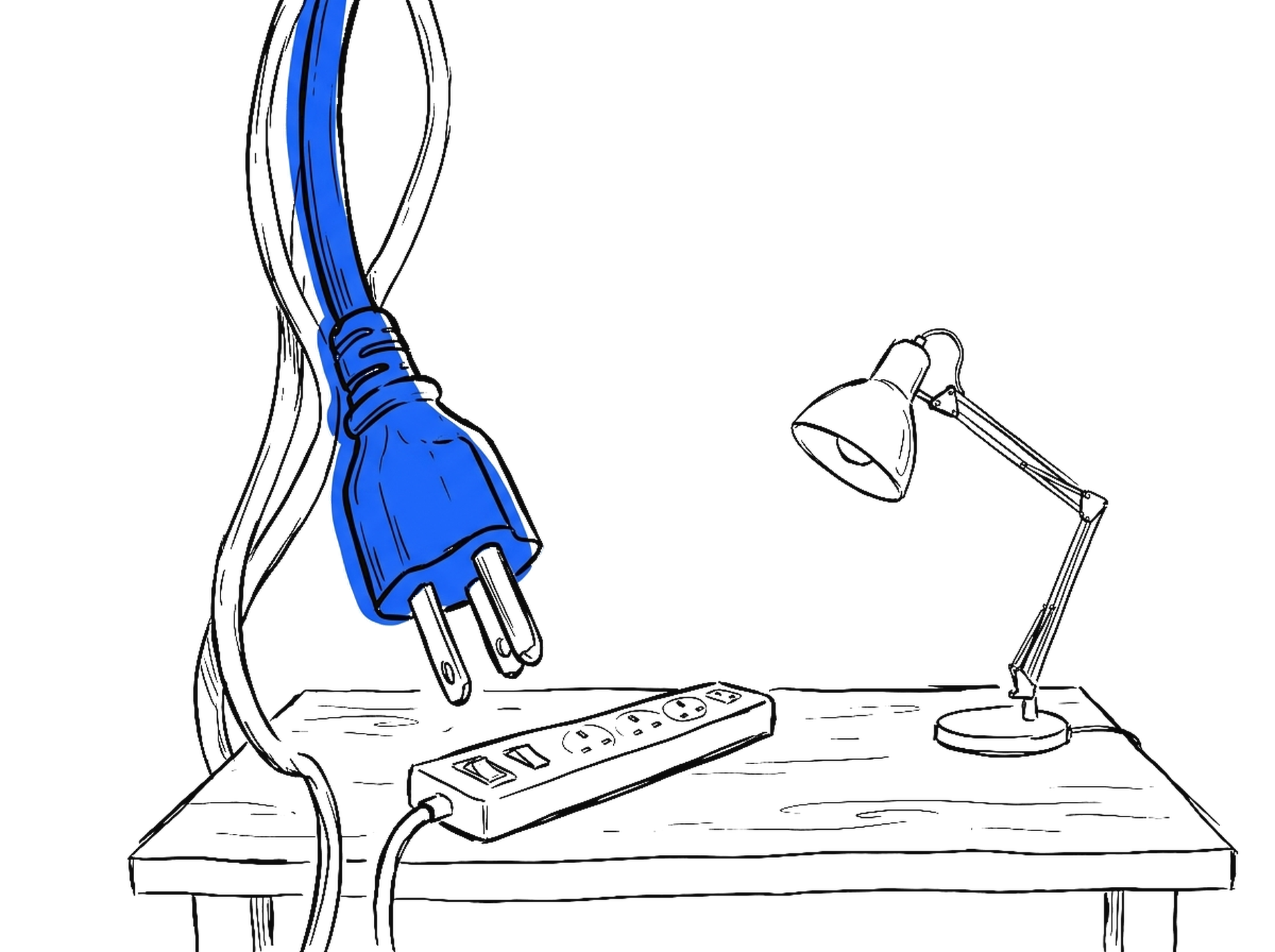 Illustration eines ausgesteckten Netzkabels über einer Steckdosenleiste, kinewsletter.ch Stil