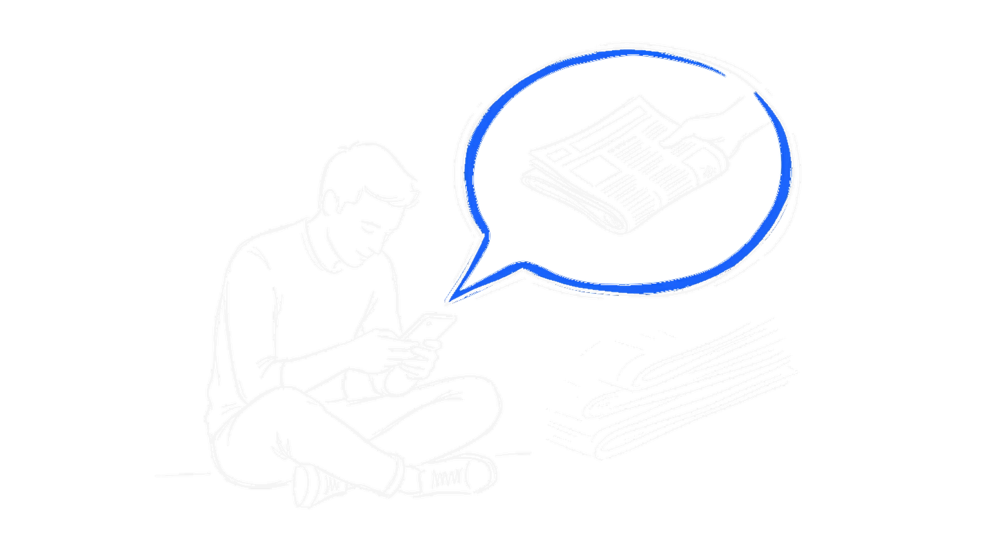Handgezeichnete Skizze einer Person am Smartphone, aus dem eine Sprechblase eine Zeitung reicht, im Hintergrund verblassende gedruckte Zeitungen, mit elektroblauem Akzent (Dark Mode)