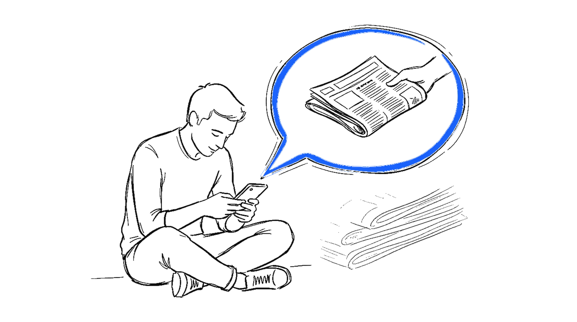 Handgezeichnete Skizze einer Person am Smartphone, aus dem eine Sprechblase eine Zeitung reicht, im Hintergrund verblassende gedruckte Zeitungen, mit elektroblauem Akzent