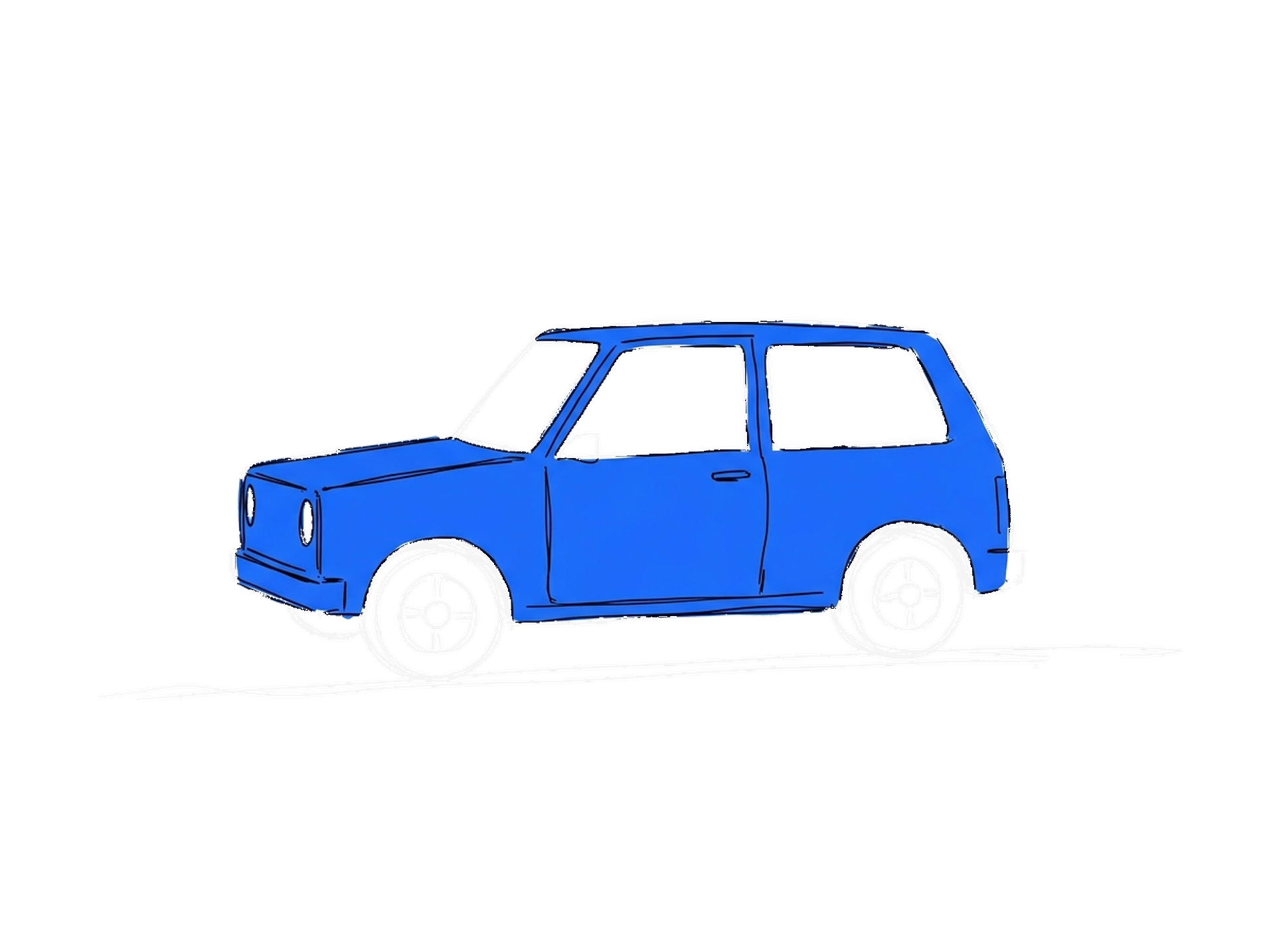 Tuschskizze eines blau gefüllten Elektroautos auf einer Strasse