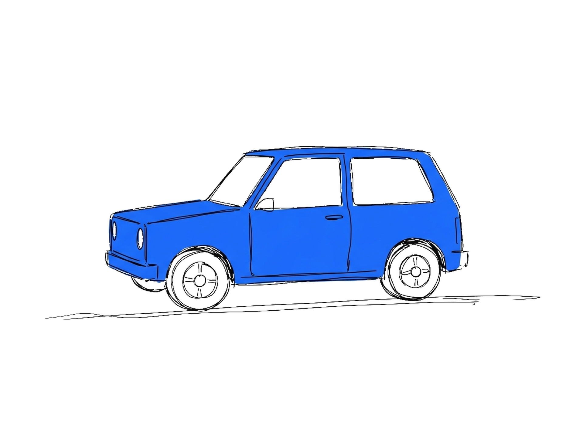 Tuschskizze eines blau gefüllten Elektroautos auf einer Strasse