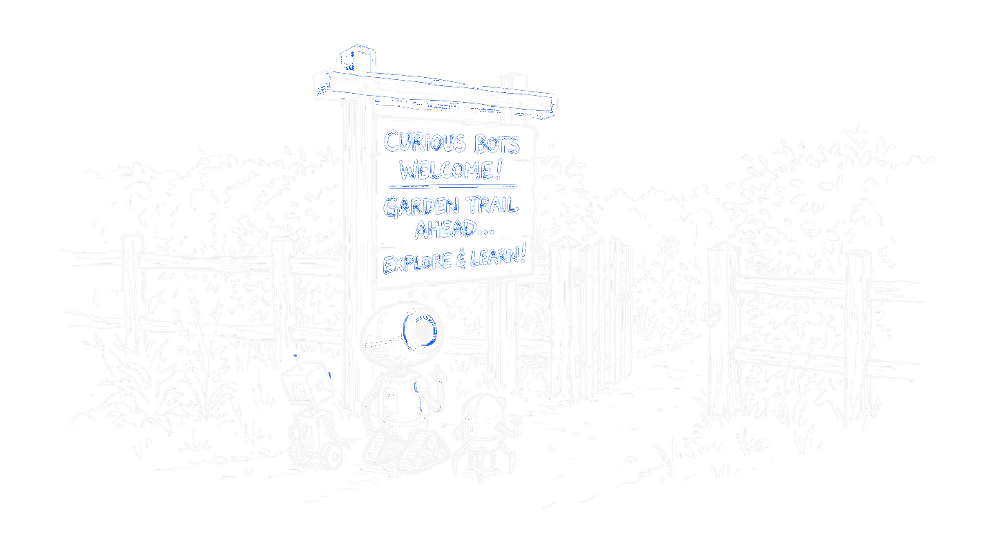 Handgezeichnete Tusche-Skizze eines Wegweisers am Gartentor, davor lesen kleine Roboter das Schild, eine Zeile des Schilds in Blau