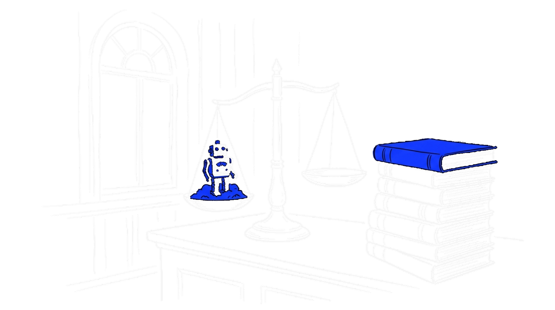 Illustration einer Justitia-Waage auf einem Richterpult, ein kleiner elektroblauer Roboter steht auf einer Waagschale, daneben ein Stapel Gesetzbücher, kinewsletter.ch Stil