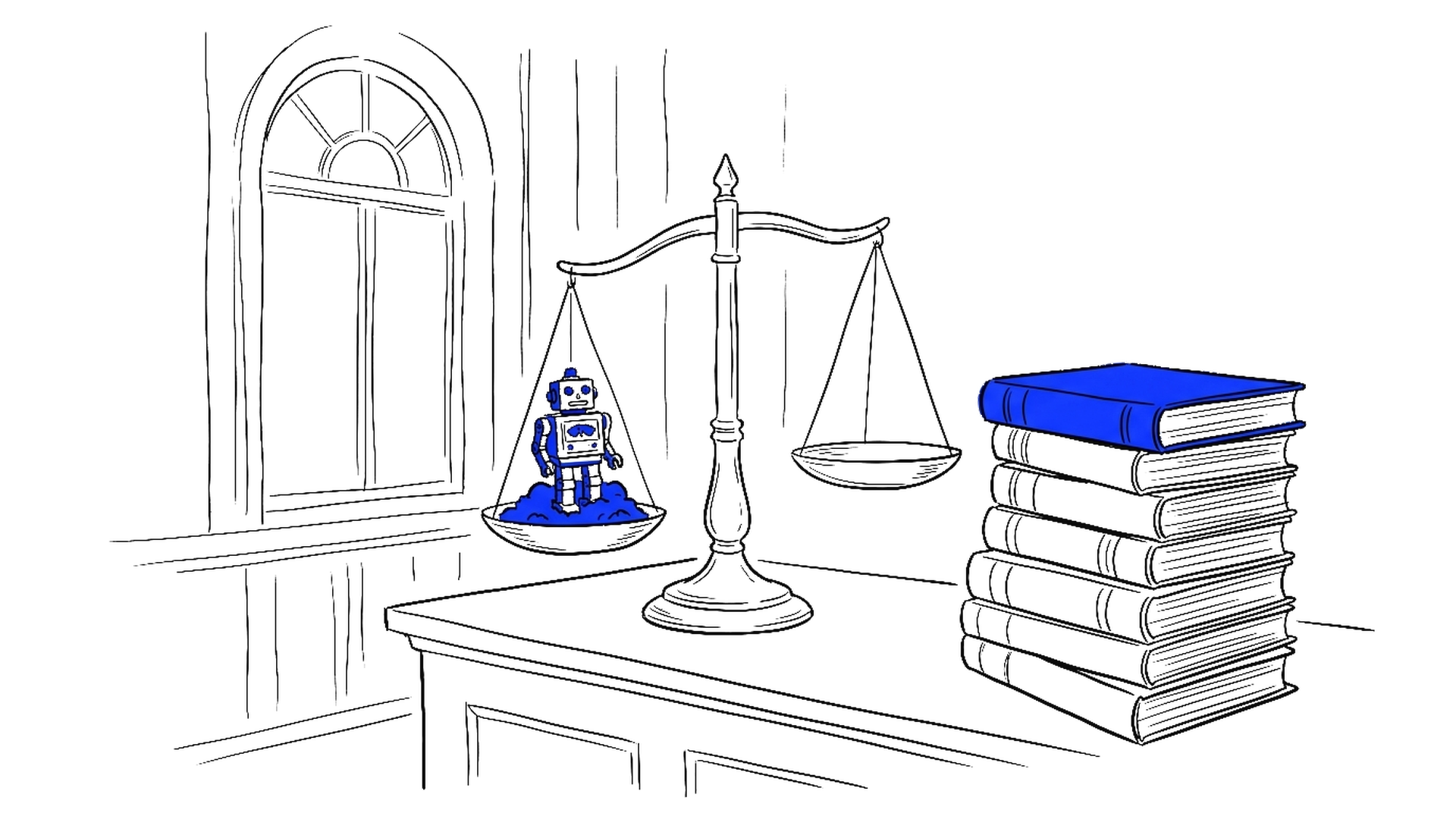 Illustration einer Justitia-Waage auf einem Richterpult, ein kleiner elektroblauer Roboter steht auf einer Waagschale, daneben ein Stapel Gesetzbücher, kinewsletter.ch Stil