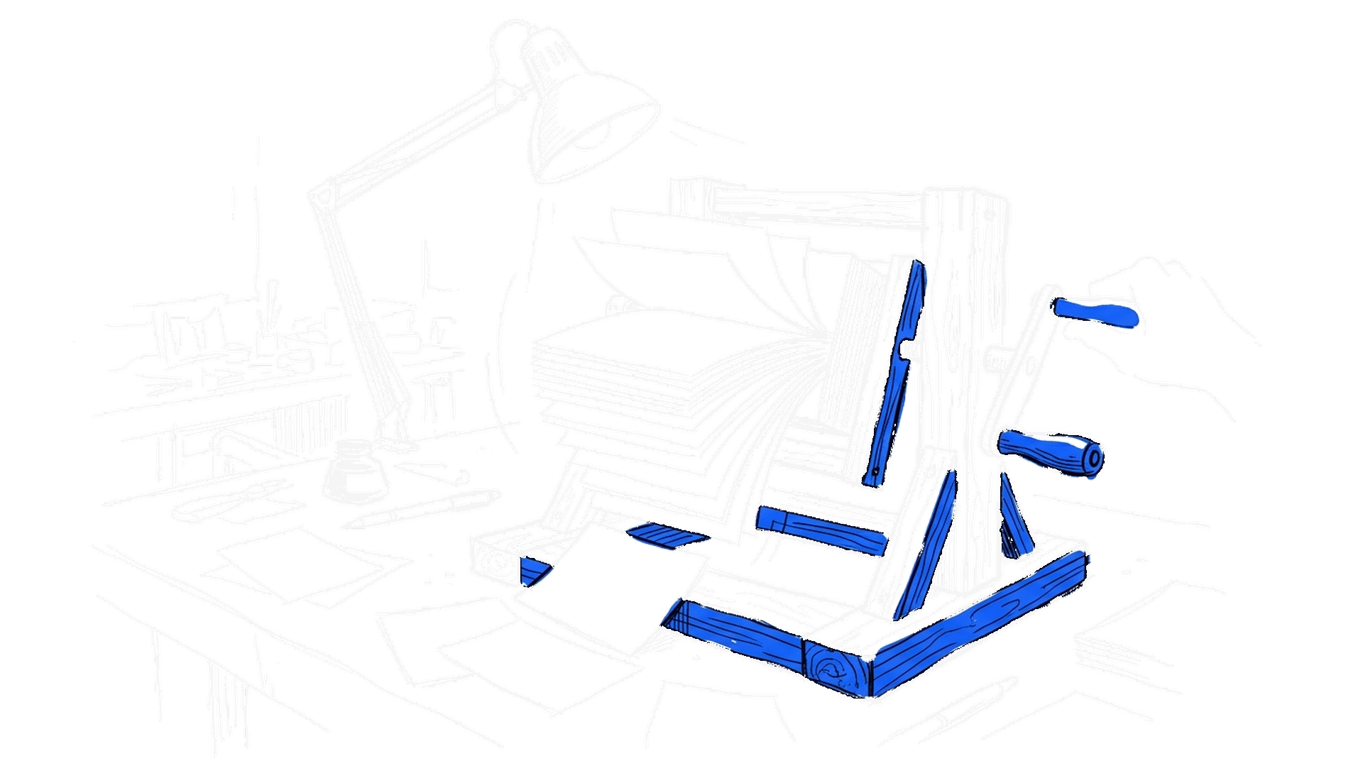 Illustration eines Daumenkino-Ständers mit blätternden Karten auf einer Werkbank, kinewsletter.ch Stil