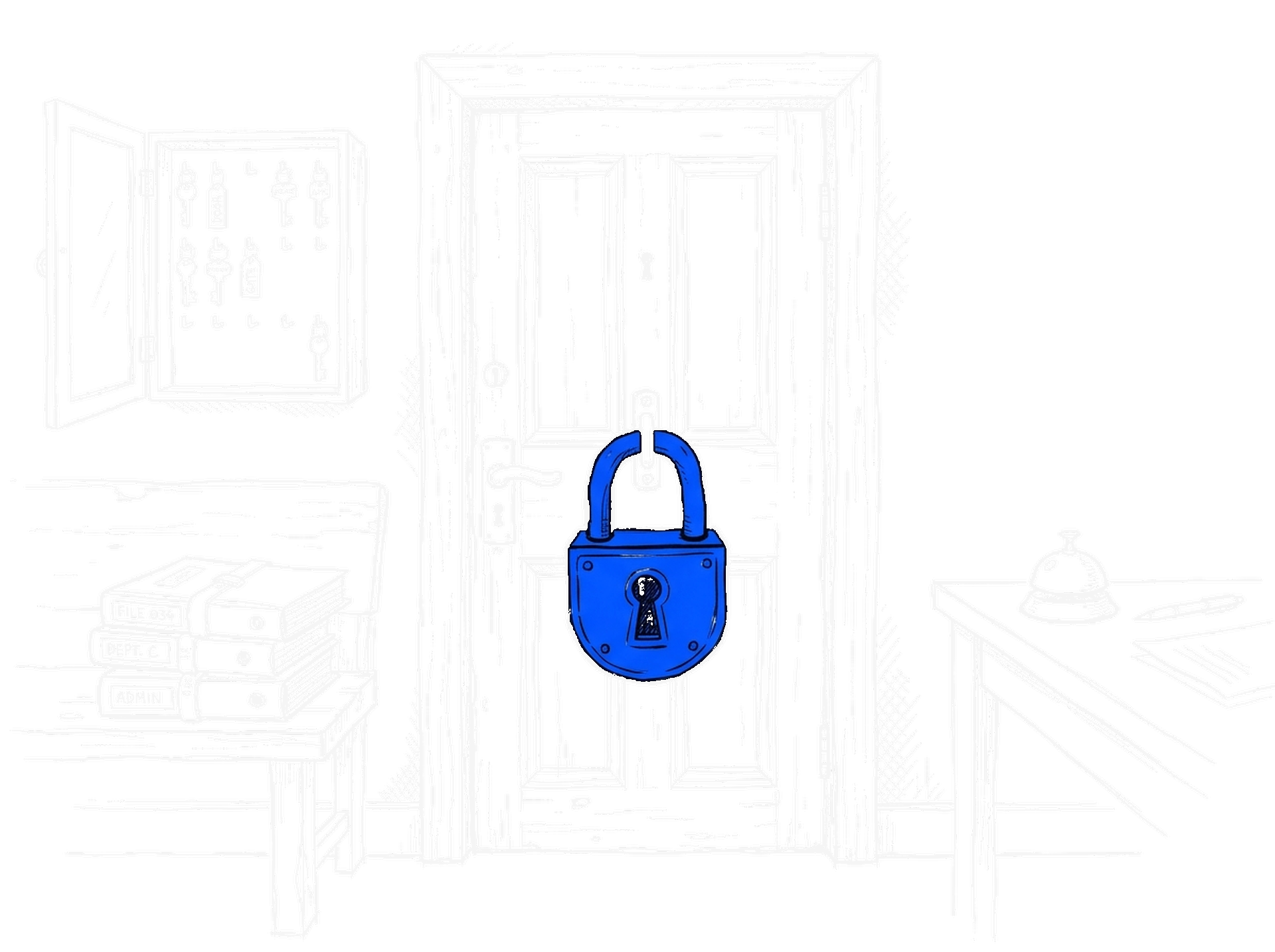 Handgezeichnete Skizze einer Amtsstubentür mit riesigem Messing-Vorhängeschloss am Griff, Aktenstapel und Schlüsselschrank; das Schloss leuchtet in Blau