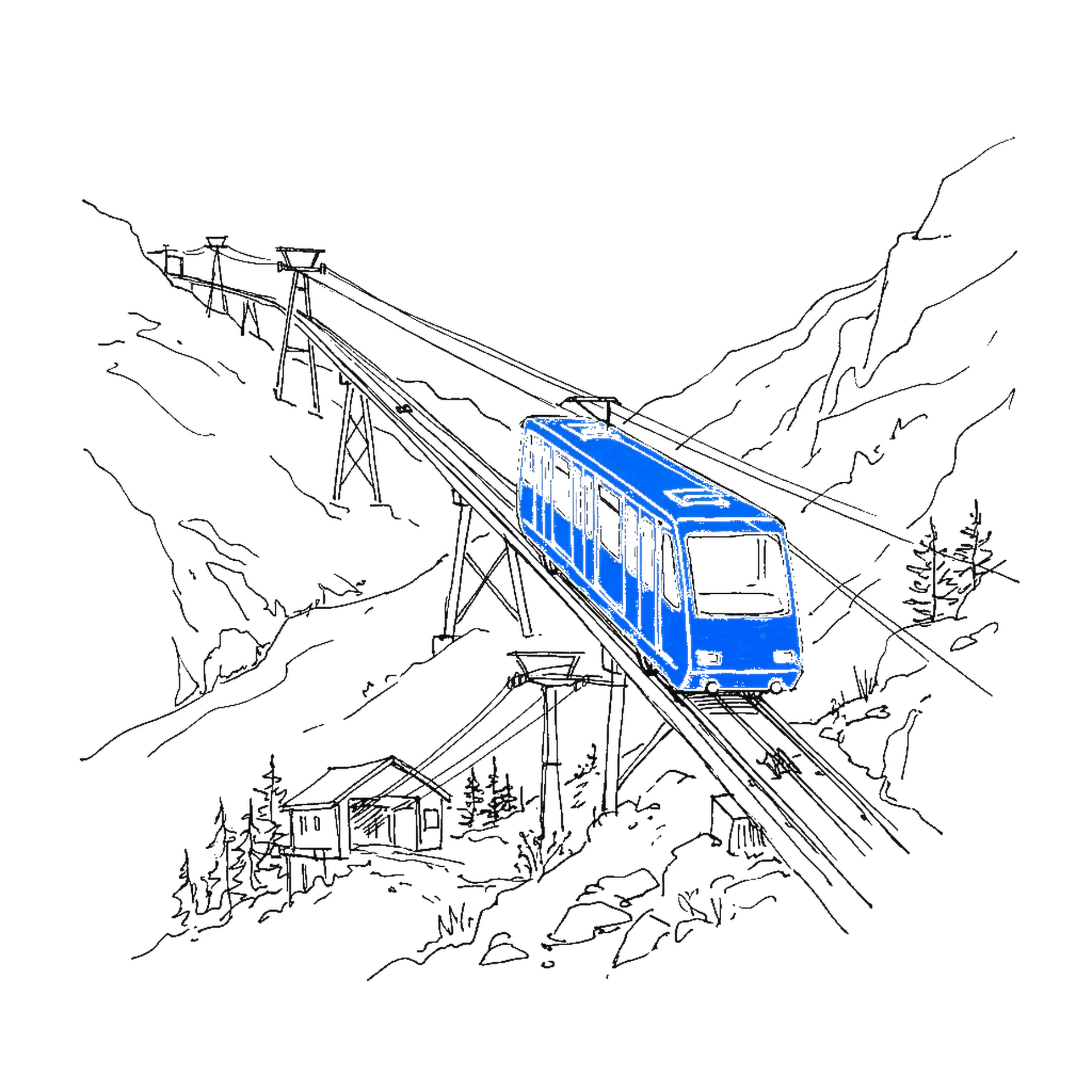 Illustration einer Standseilbahn, die einen steilen Berghang hinunterfährt, kinewsletter.ch Stil