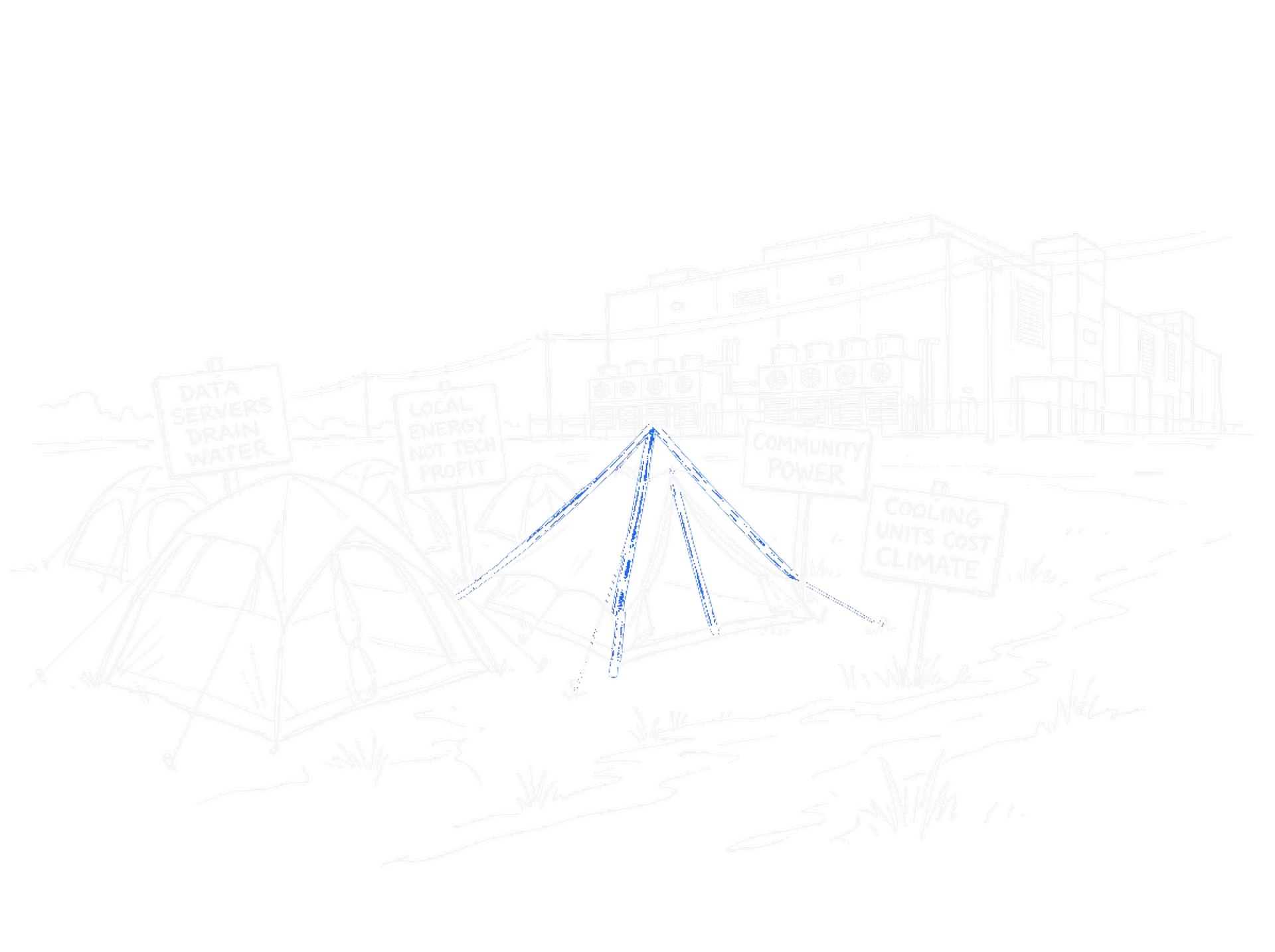 Handgezeichnete Skizze eines Protestcamps mit Zelten und Schildern vor einem grossen Rechenzentrum mit Kühlaggregaten, mit elektroblauem Akzent (Dark Mode)