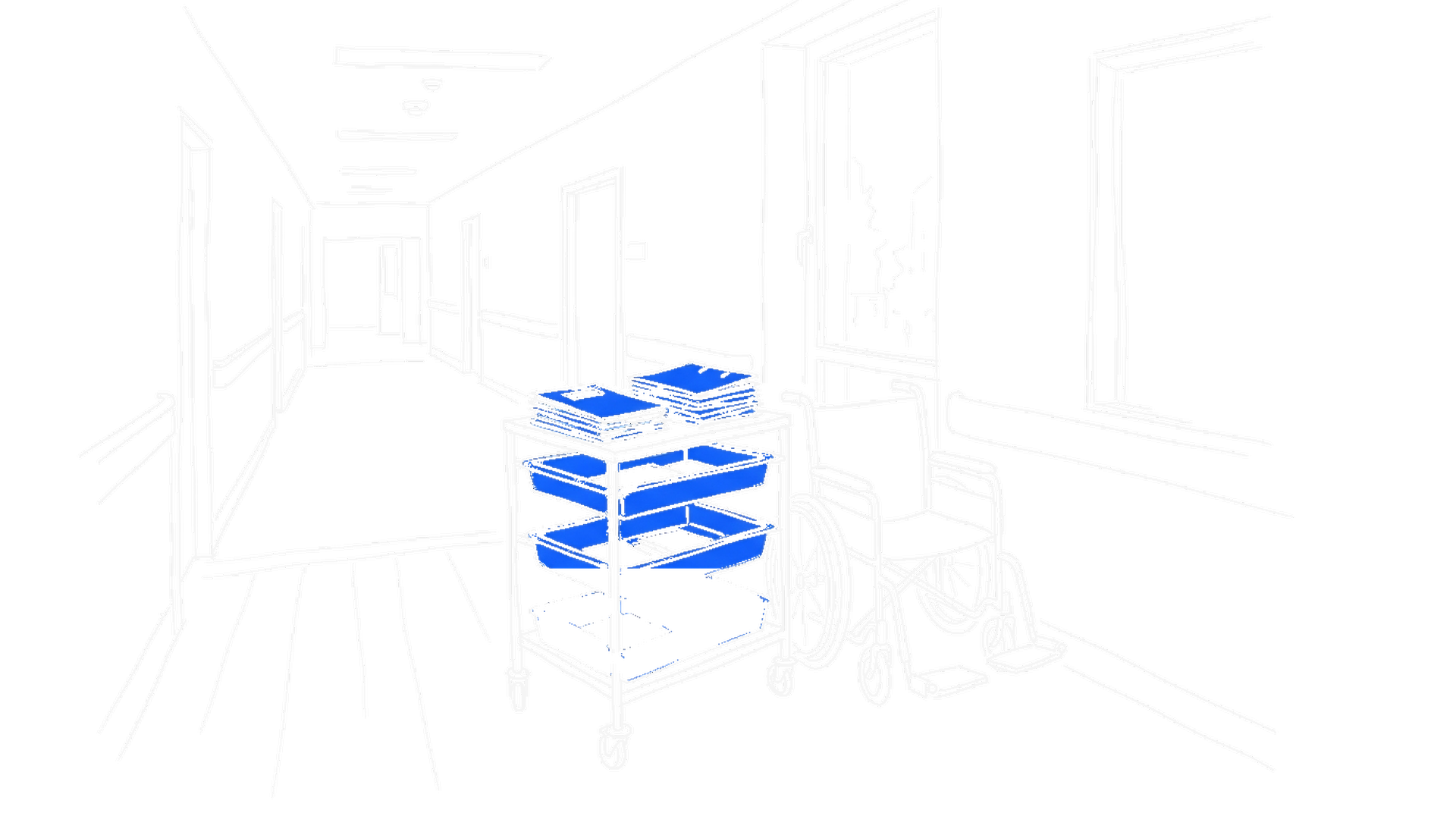 Handgezeichnete Skizze eines Spitalflurs mit Meldeformularen und einem blau hervorgehobenen Hinweis, kinewsletter.ch Stil