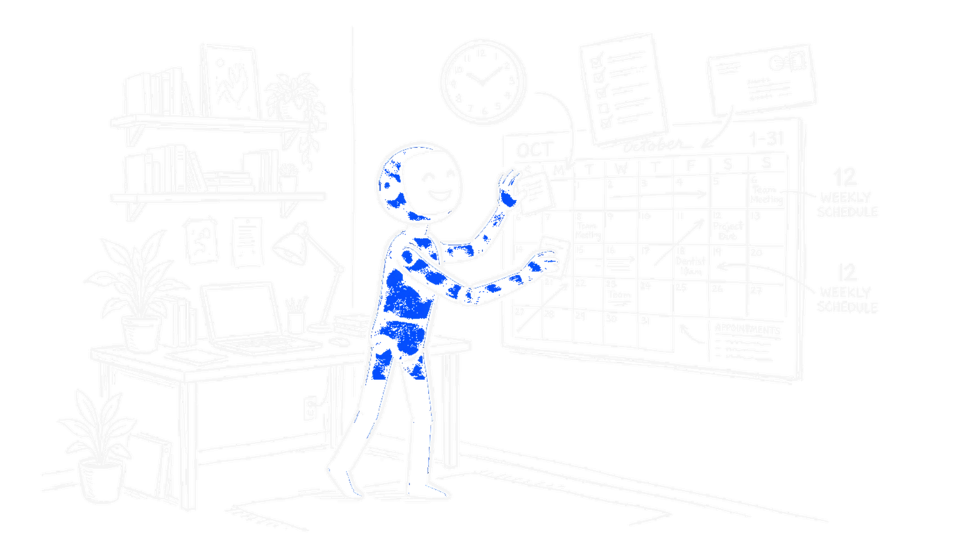 Skizze einer freundlichen KI-Assistenzfigur mit elektroblauem Akzent, die an einem Buerotisch einen Wandkalender organisiert, umgeben von Brief-, Uhr- und Checklisten-Symbolen (Dark)