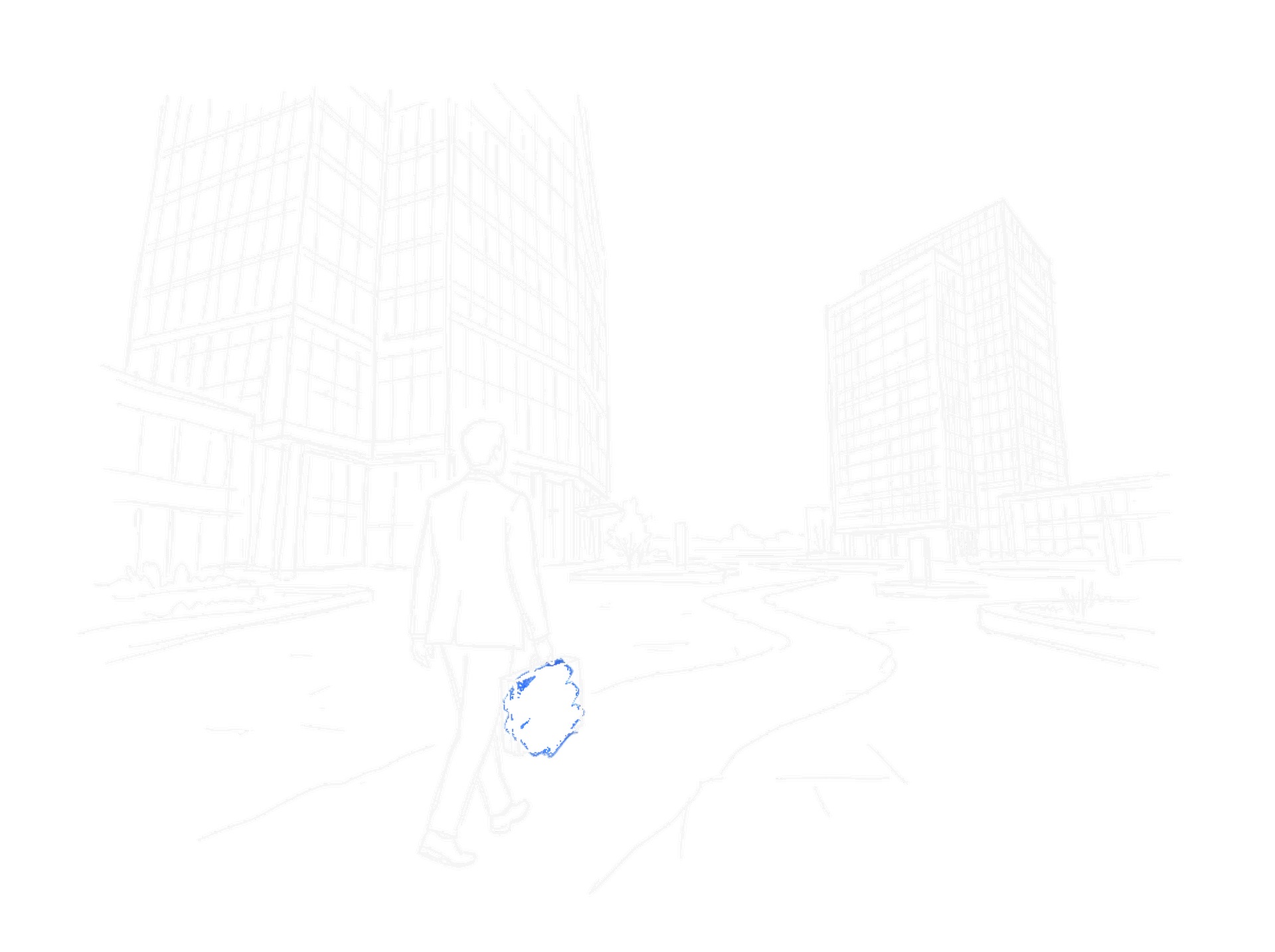 Handgezeichnete Skizze einer Person mit Aktentasche, die auf einem Weg von einem Bueroturm zu einem anderen geht, mit elektroblauem Akzent (Dark Mode)