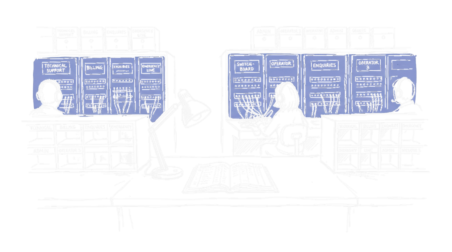 Illustration eines Customer-Service-Centers mit Switchboards und Hauptbuch, kinewsletter.ch Stil