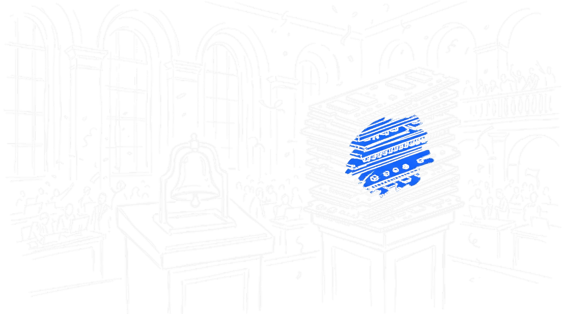 Handgezeichnete Skizze: eine Boersenglocke und ein Stapel HBM-Speichermodule mit blauem Akzent.