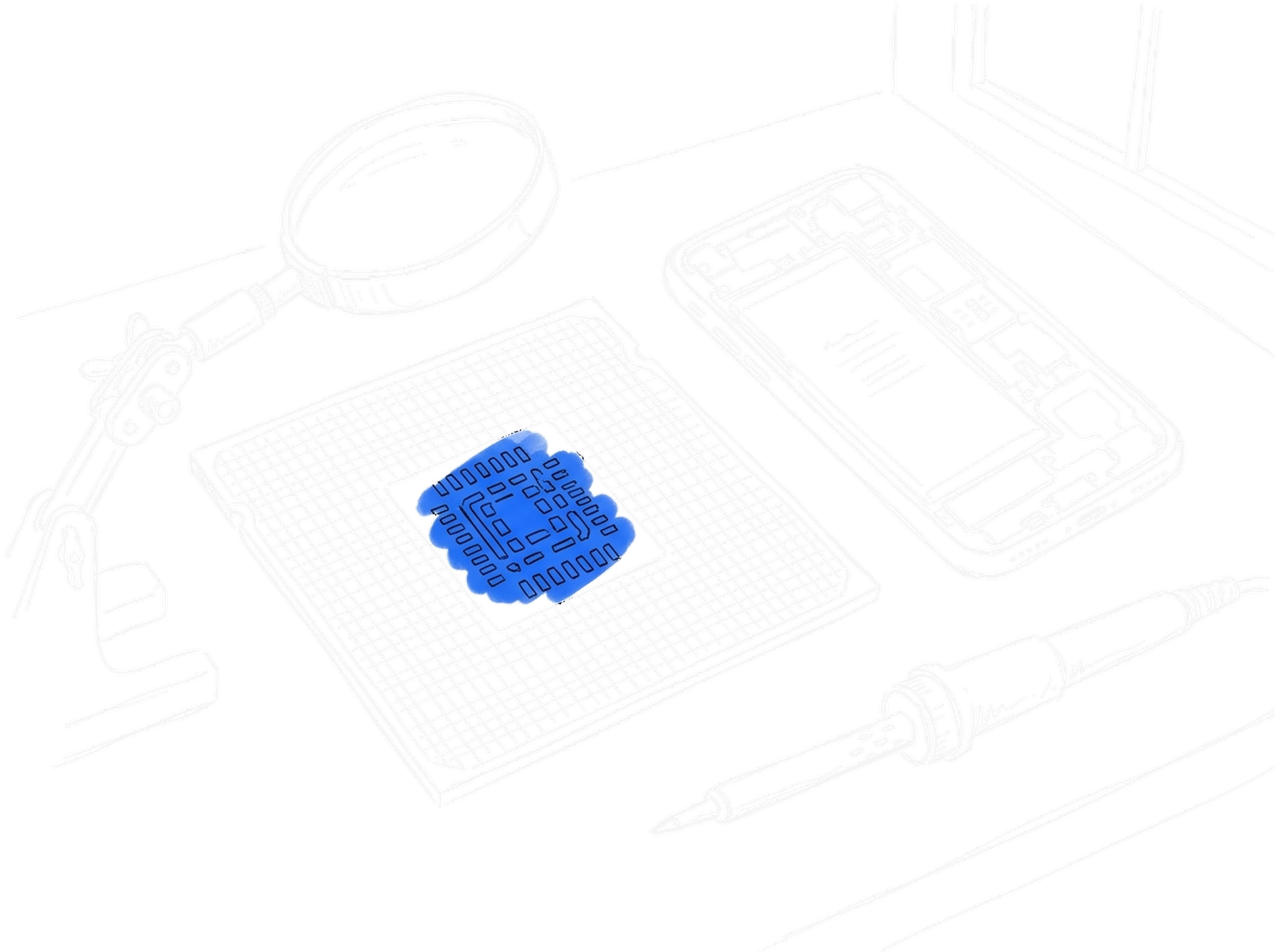 Illustration von Werkbank mit Prozessor-Chip, geöffnetem Smartphone und Lötkolben, kinewsletter.ch Stil