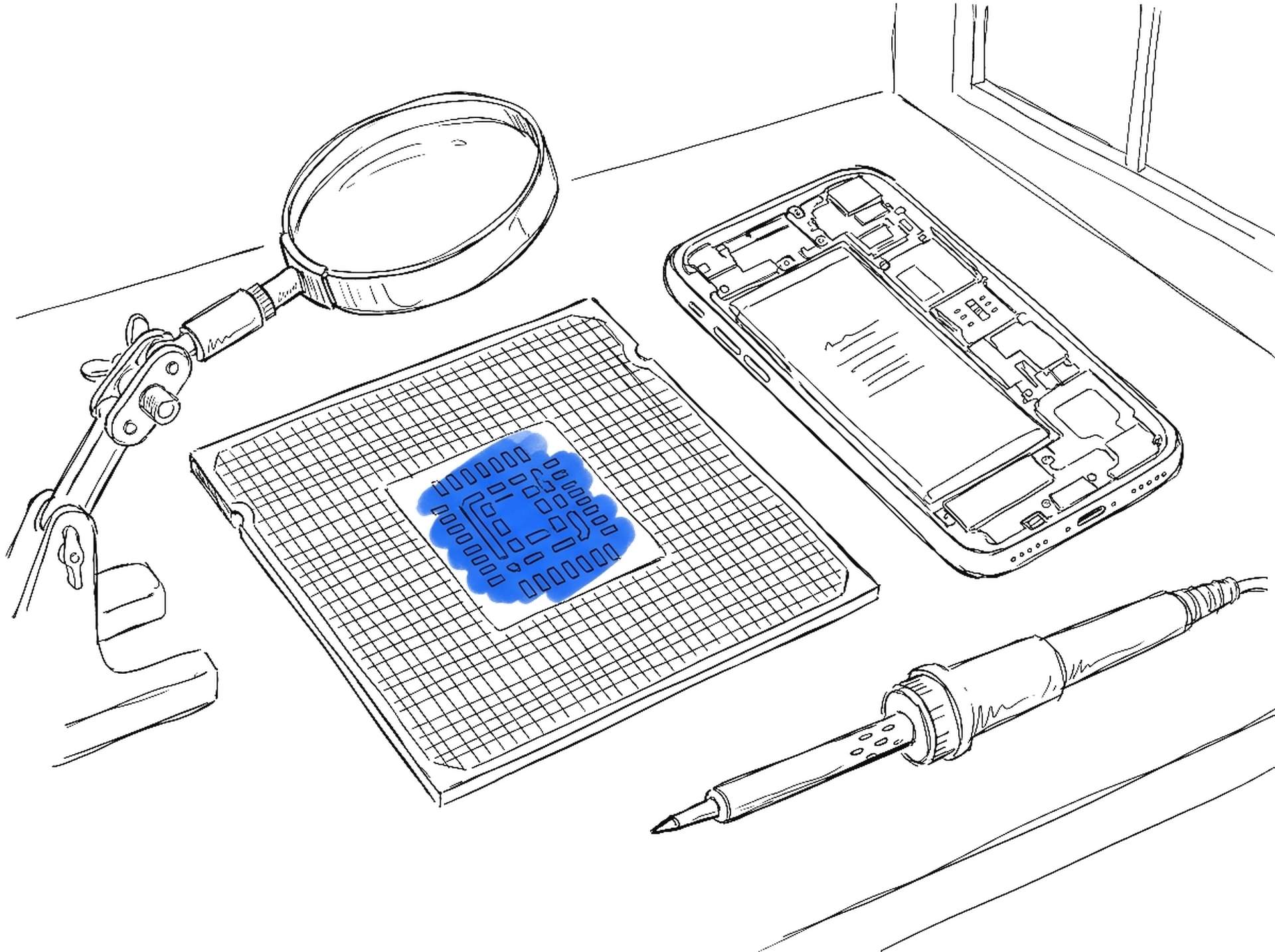 Illustration von Werkbank mit Prozessor-Chip, geöffnetem Smartphone und Lötkolben, kinewsletter.ch Stil