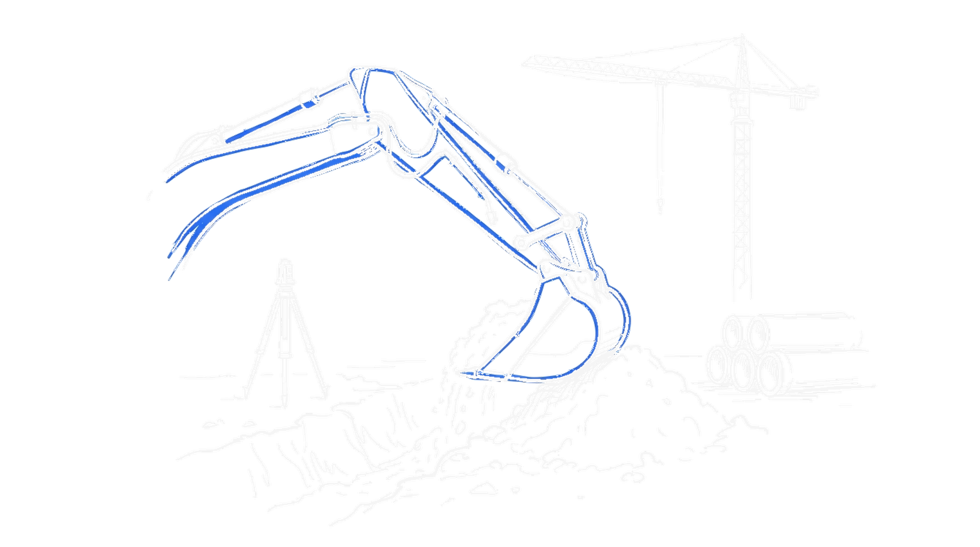 Illustration eines Baggerarms mit Schaufel, Vermessungsstativ und Baukran, kinewsletter.ch Stil