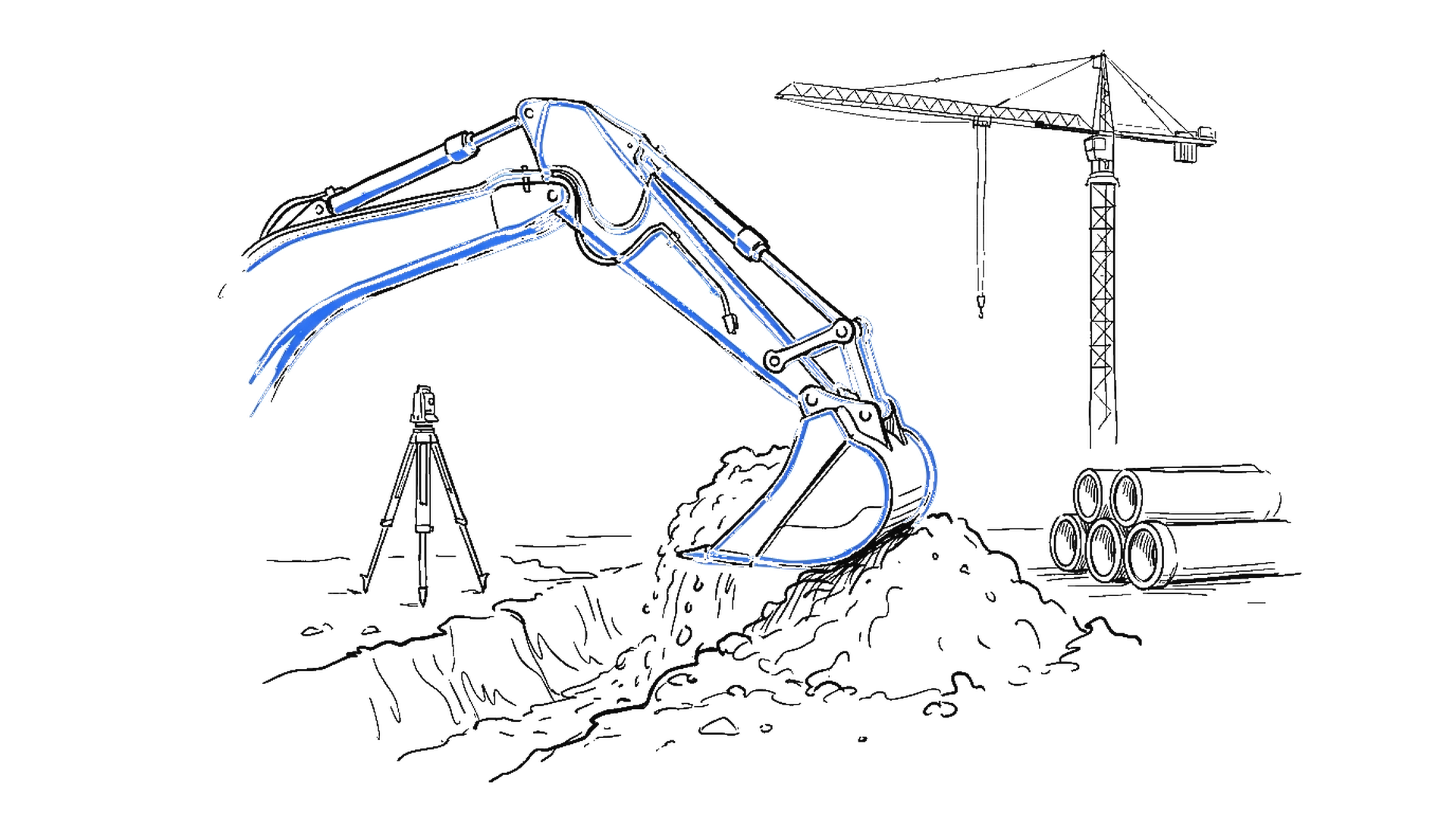Illustration eines Baggerarms mit Schaufel, Vermessungsstativ und Baukran, kinewsletter.ch Stil