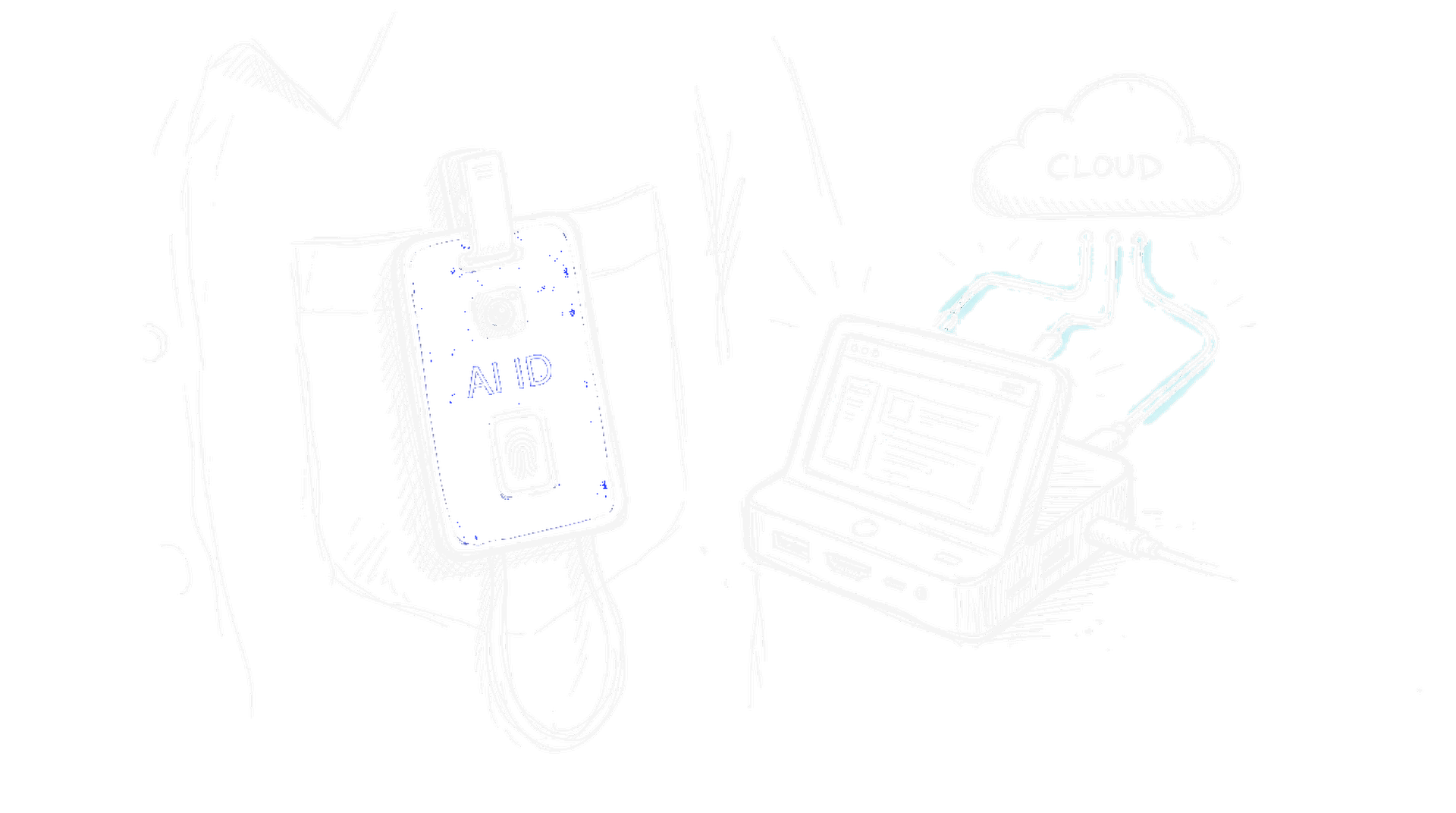 Skizze eines tragbaren KI-Badges mit Kamera und Fingerabdruck-Knopf an einer Hemdtasche mit elektroblauem Akzent, daneben ein Tischgeraet mit Bildschirm und einer Wolke (Dark)
