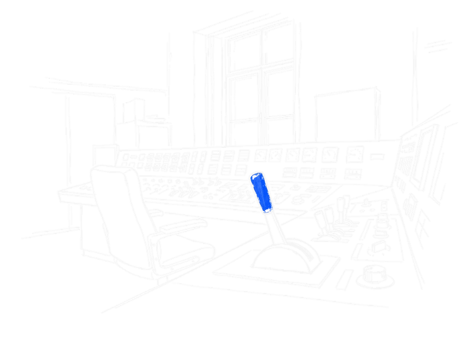 Handgezeichnete Skizze eines Kontrollraums mit Schaltpult und einem heruntergezogenen blauen Hebel, elektroblauer Akzent (Dark Mode)