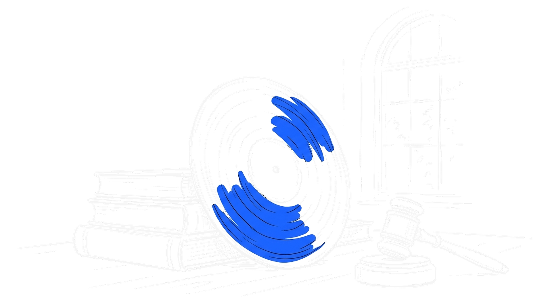 Skizze einer Schallplatte, eines Richterhammers und eines Bücherstapels, kinewsletter.ch Stil