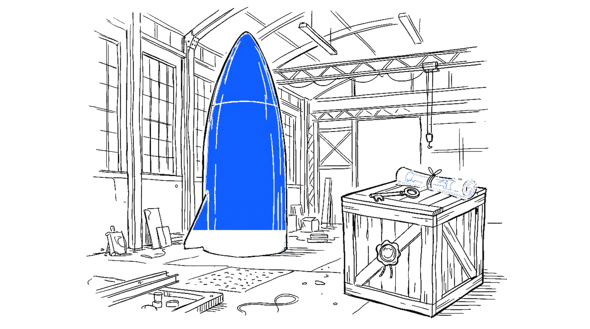 Illustration einer Raketenspitze neben einer versiegelten Transportkiste mit Schlüssel, kinewsletter.ch Stil