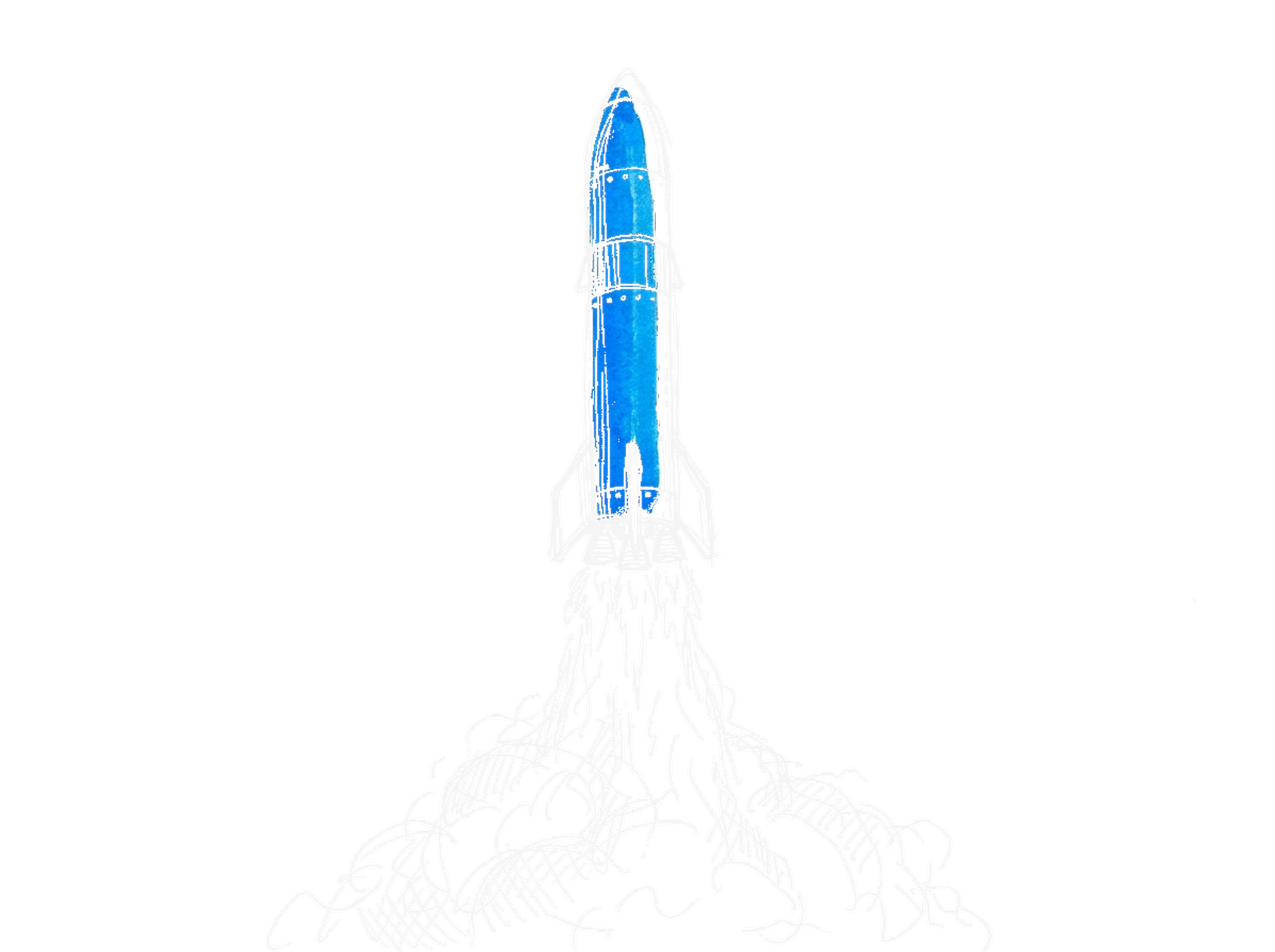 Skizze einer hohen Rakete mit elektroblauem Rumpf beim Start, dichte Rauchschwaden am Boden (Dark)