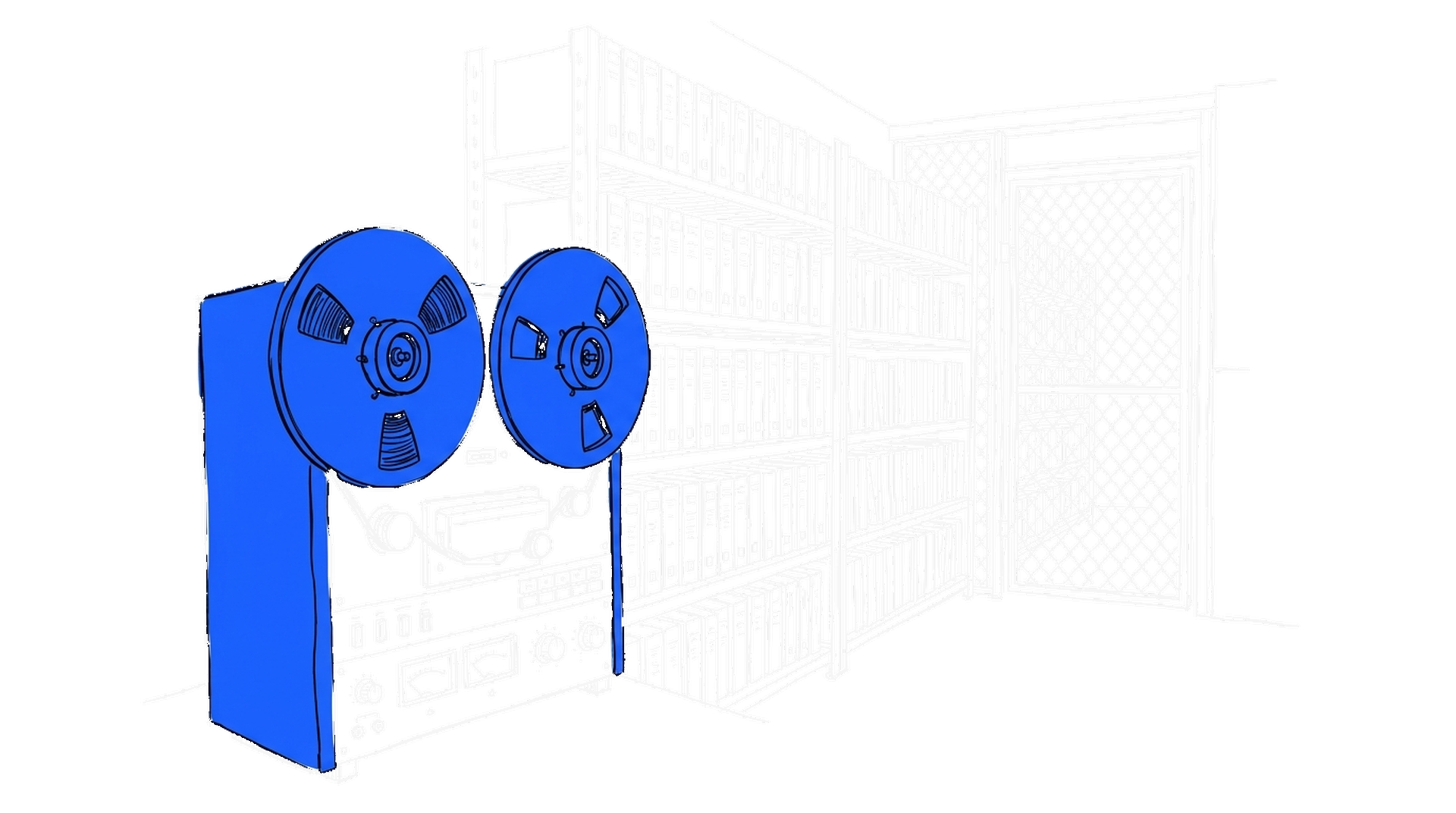 Illustration eines Rundfunkarchivs mit Tonbandmaschine und geschlossenem Gittertor, kinewsletter.ch Stil