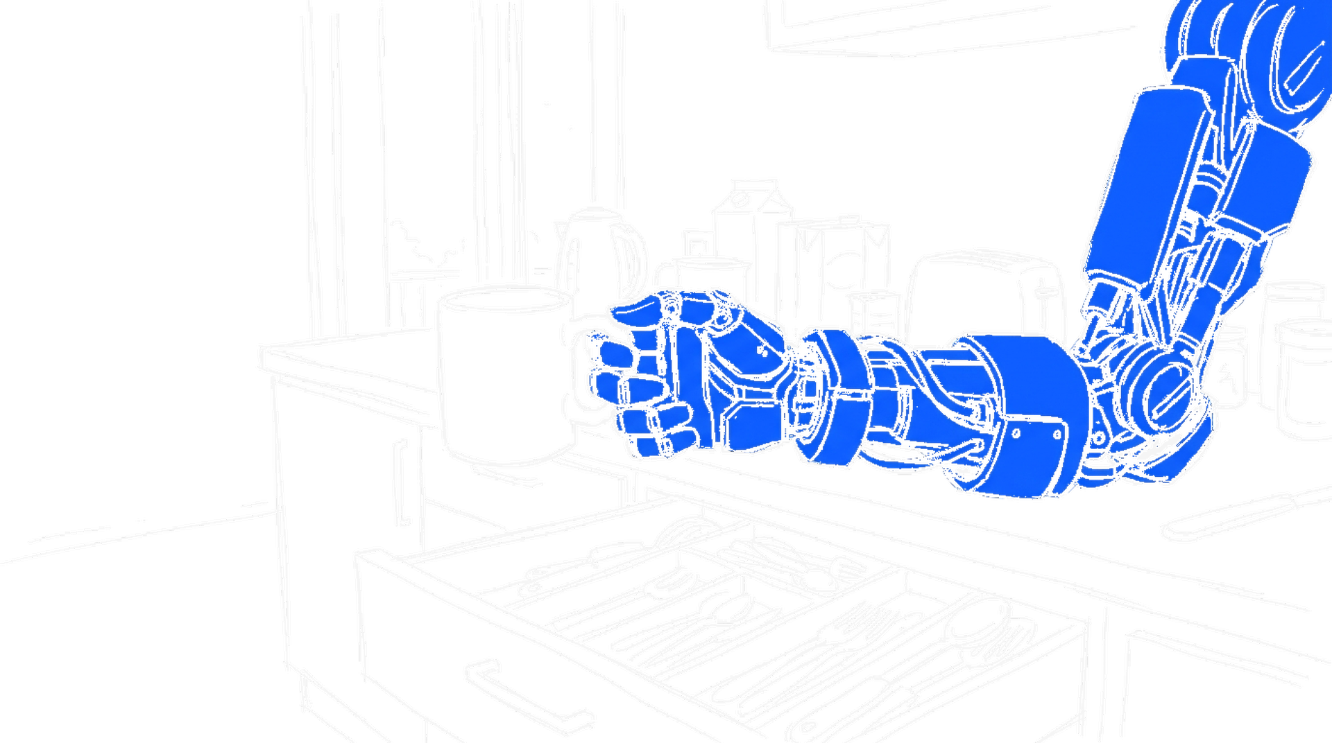 Tusche-Skizze einer Küchenzeile: ein grosser elektroblauer Roboterarm greift nach einer Tasse, darunter eine offene Besteckschublade, dahinter Wasserkocher und Kartons. (Dark Mode)