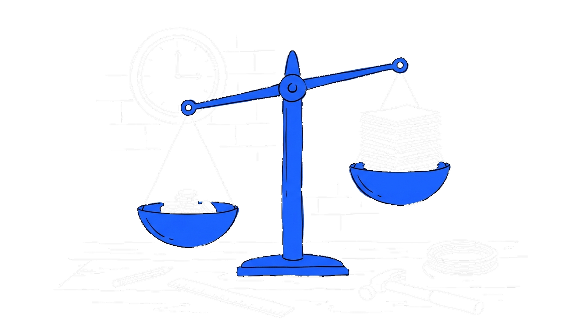 Skizze einer Waage mit Münzen und Dokumentenstapel in Elektroblau, kinewsletter.ch Stil