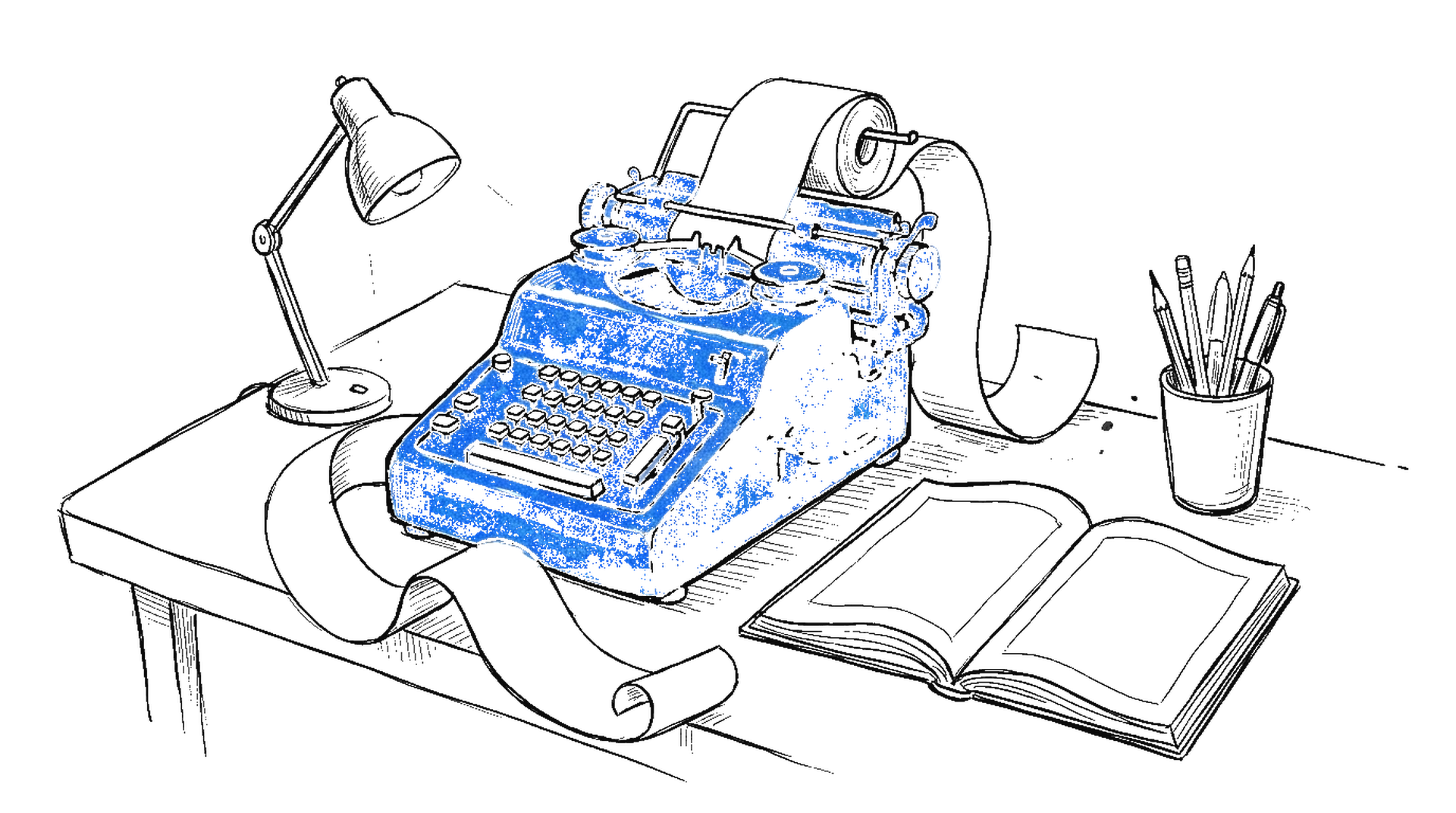 Skizze einer elektroblauen mechanischen Rechenmaschine mit Papierrolle auf einem Schreibtisch, daneben ein aufgeschlagenes Kontobuch