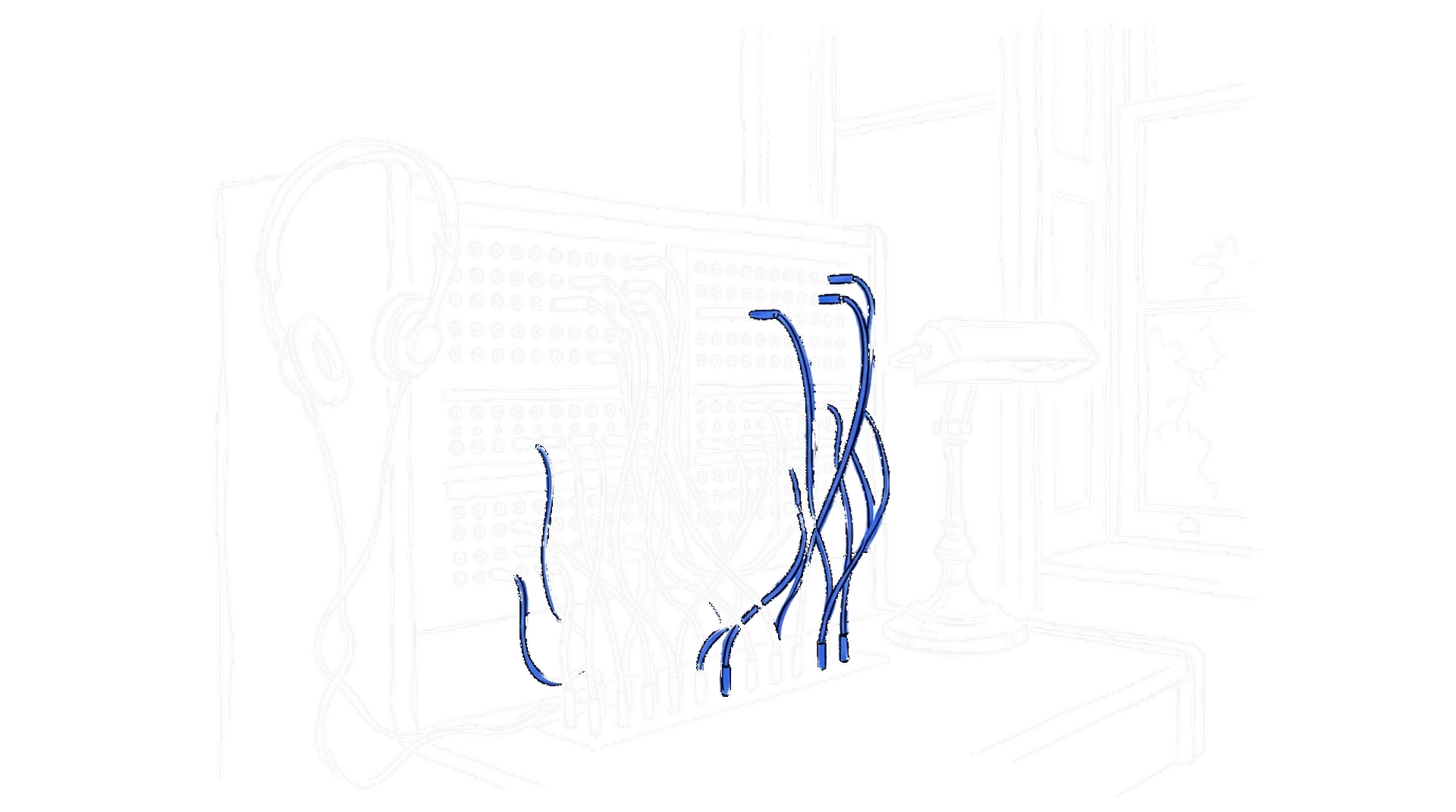Illustration einer alten Telefonvermittlung mit blauen Steckkabeln und Klinkenbuchsen, kinewsletter.ch Stil (Dark Mode)