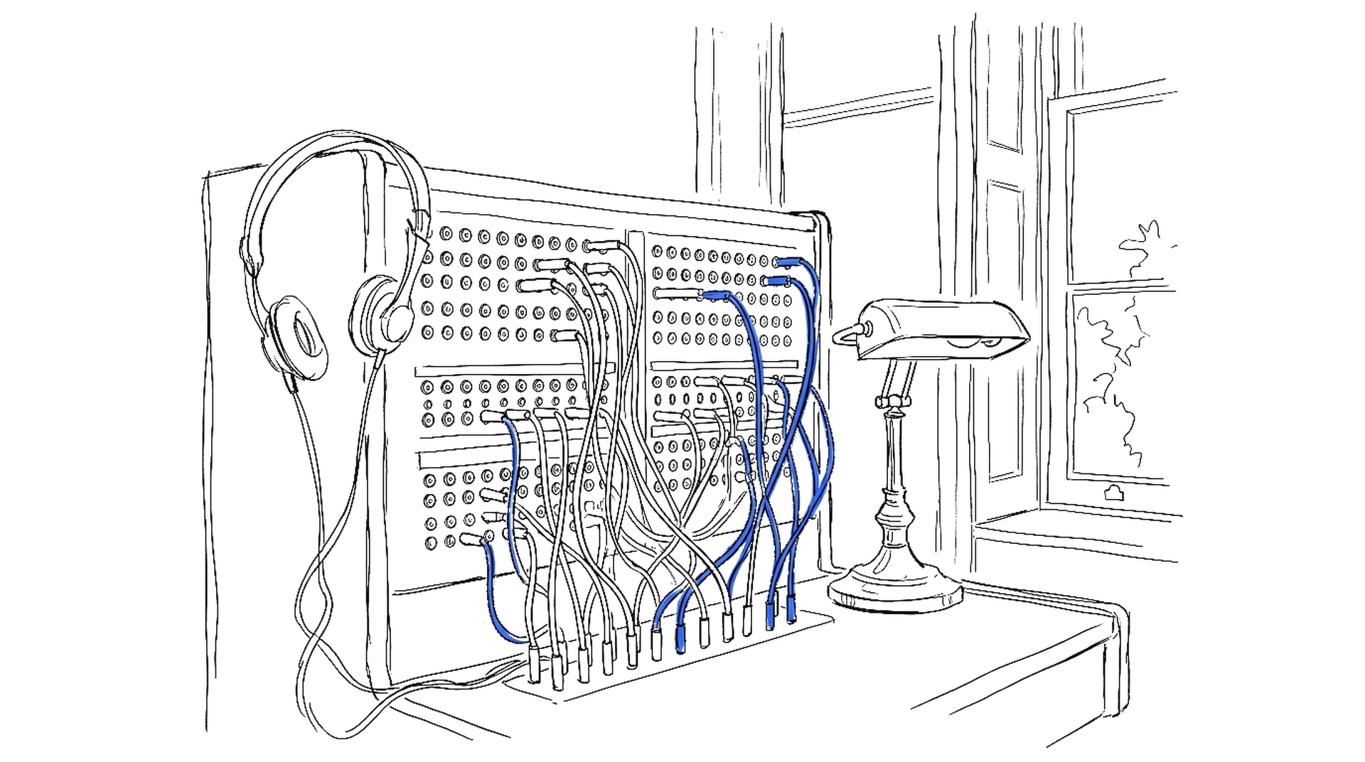 Illustration einer alten Telefonvermittlung mit blauen Steckkabeln und Klinkenbuchsen, kinewsletter.ch Stil