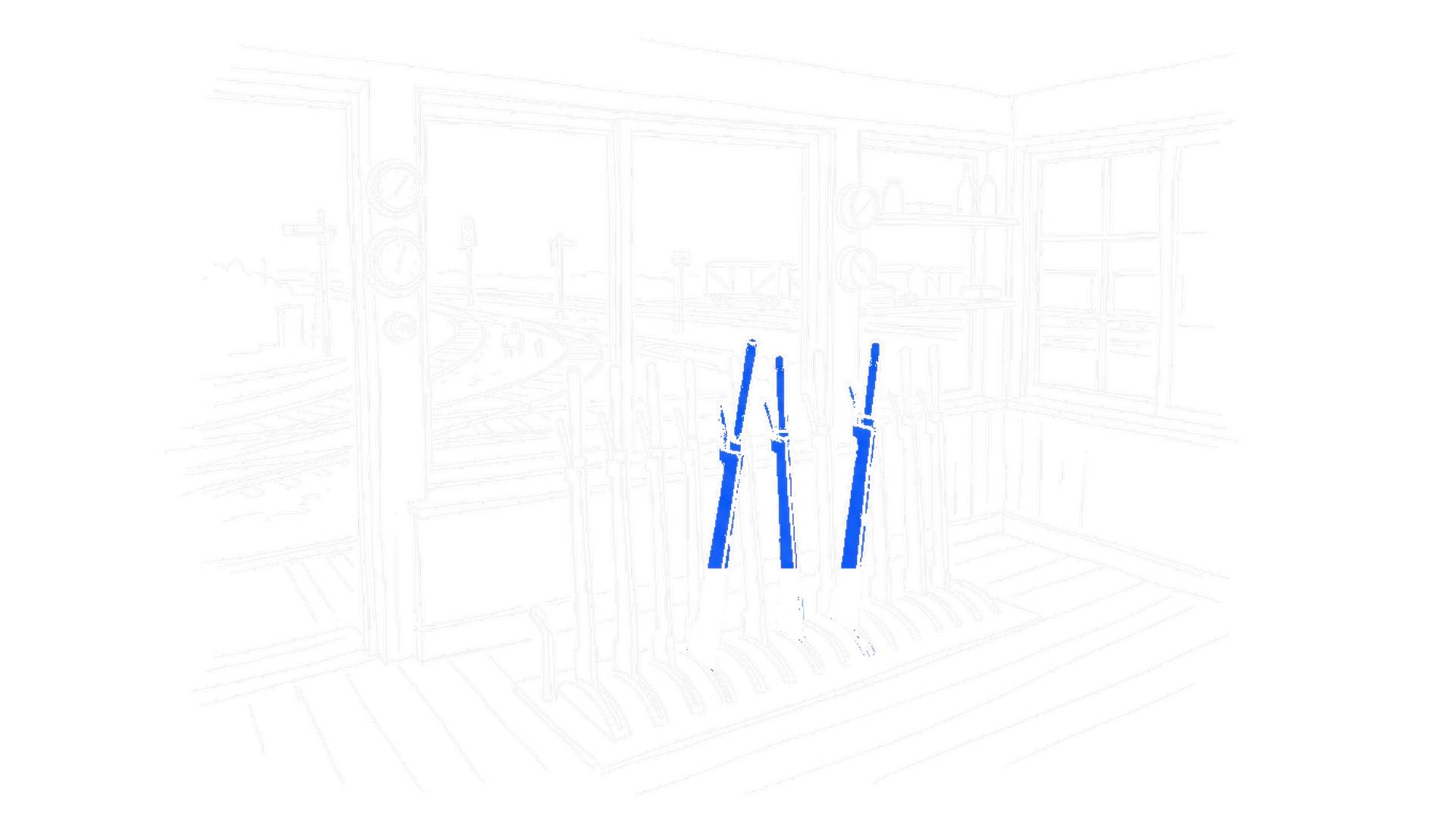 Illustration eines Stellwerks mit blauen Weichenhebeln und Gleisverzweigung, kinewsletter.ch Stil