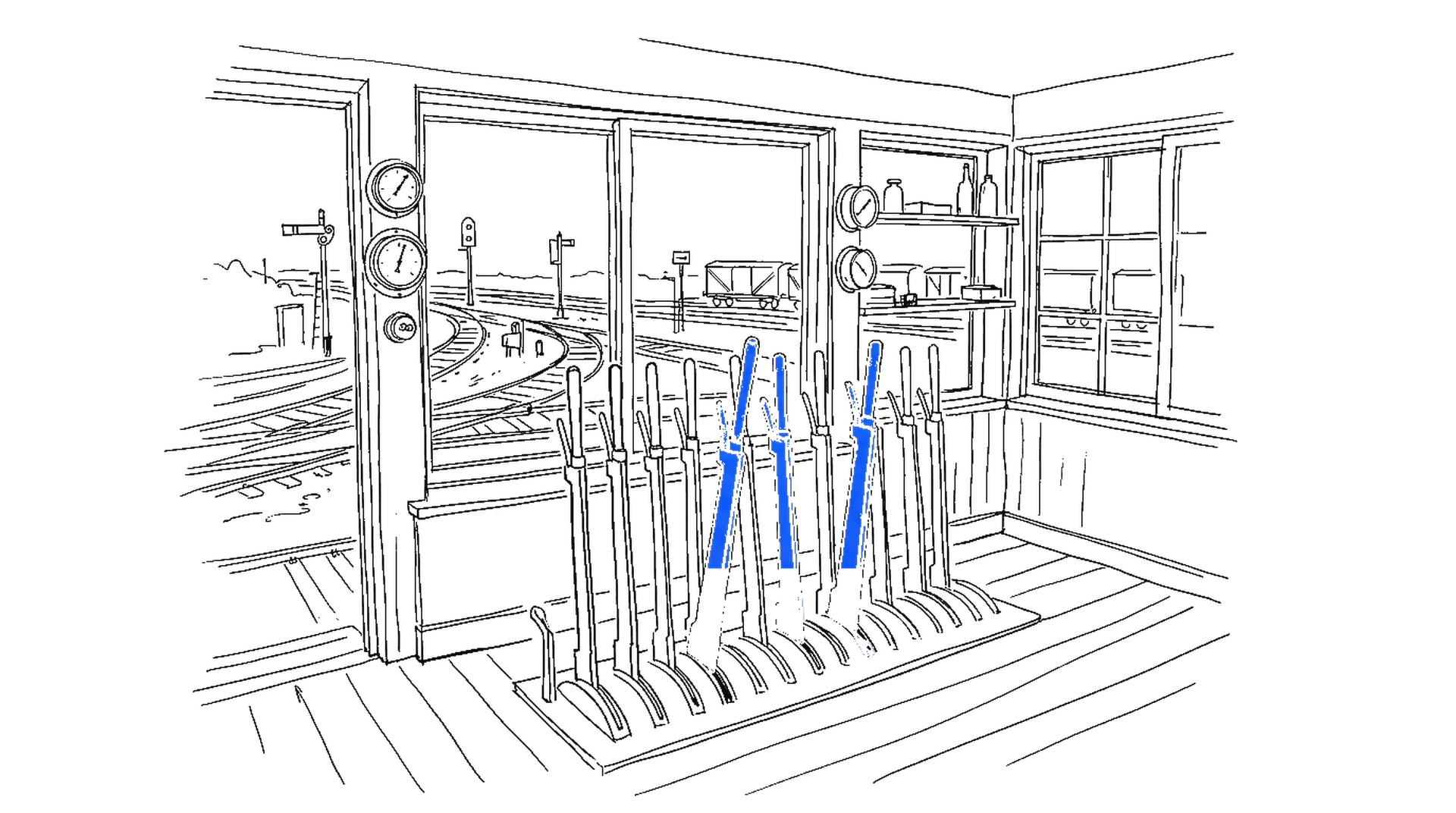 Illustration eines Stellwerks mit blauen Weichenhebeln und Gleisverzweigung, kinewsletter.ch Stil